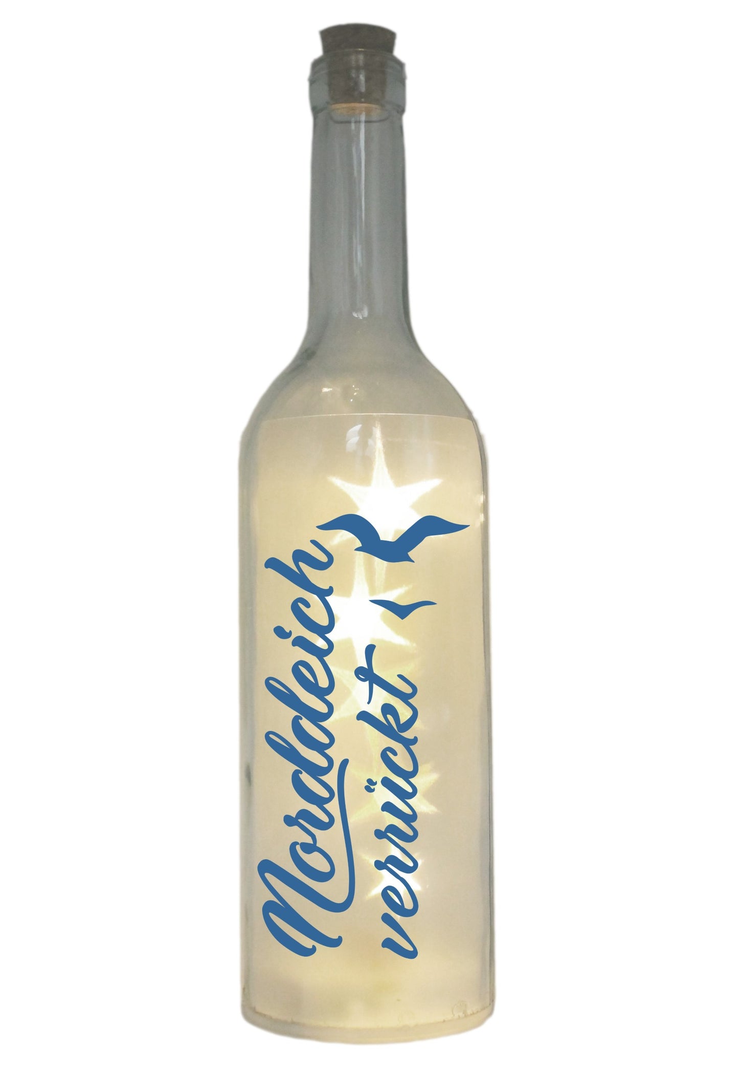 LED-Flasche mit Motiv, Norddeich verrückt mit Möwen, blau, 29cm, Flaschen-Licht Lampe mit Text Spruch