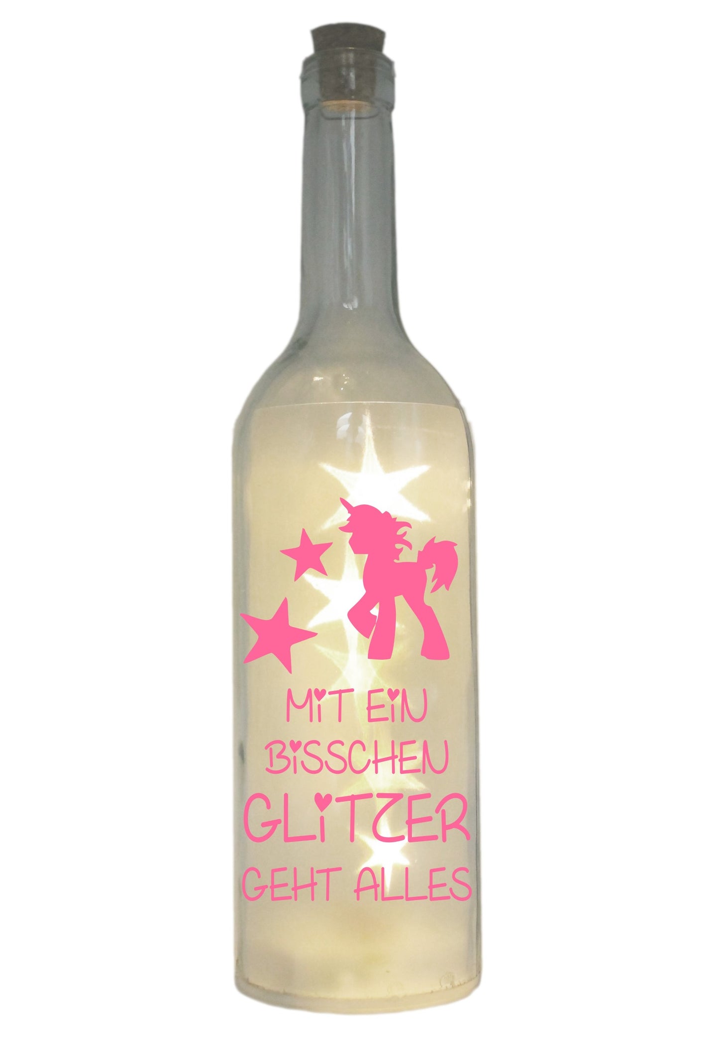 LED-Flasche mit Motiv, Mit ein bisschen Glitzer geht alles / Einhorn, rosa, 29cm, Flaschen-Licht Lampe mit Text Spruch