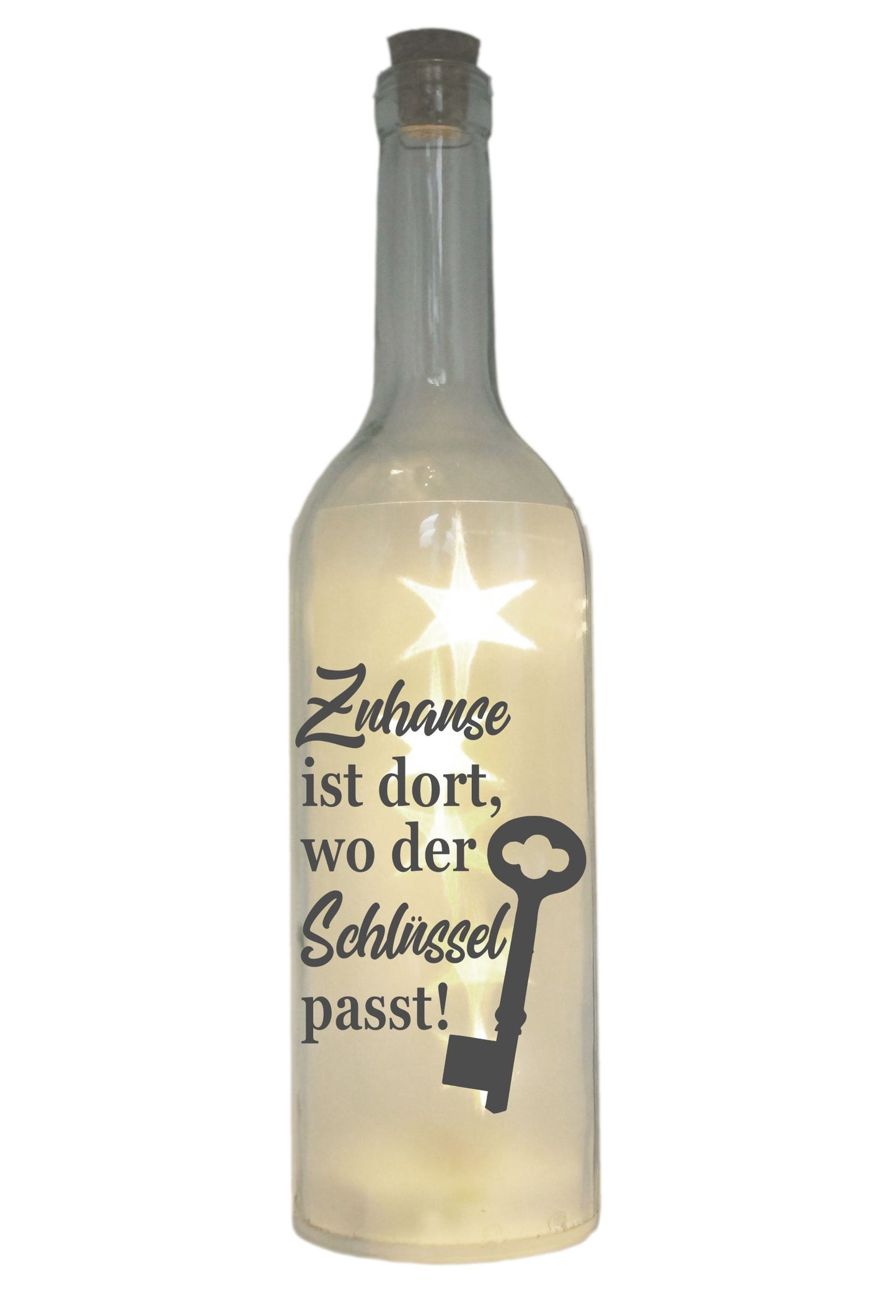 LED-Flasche mit Motiv, Zuhause ist dort wo der Schlüssel passt, grau, 29cm, Flaschen-Licht Lampe mit Text Spruch