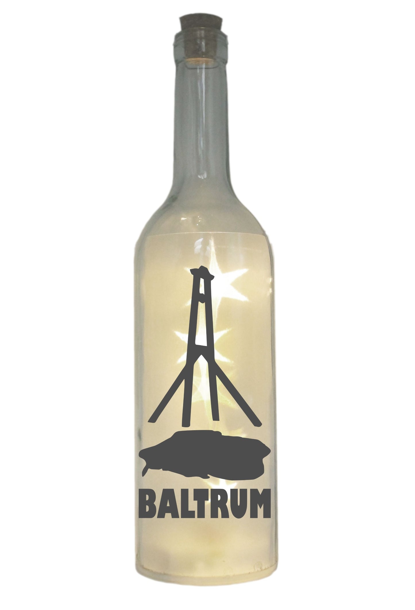 LED-Flasche mit Motiv, Insel Baltrum Silhouette, grau, 29cm, Flaschen-Licht Lampe mit Text Spruch