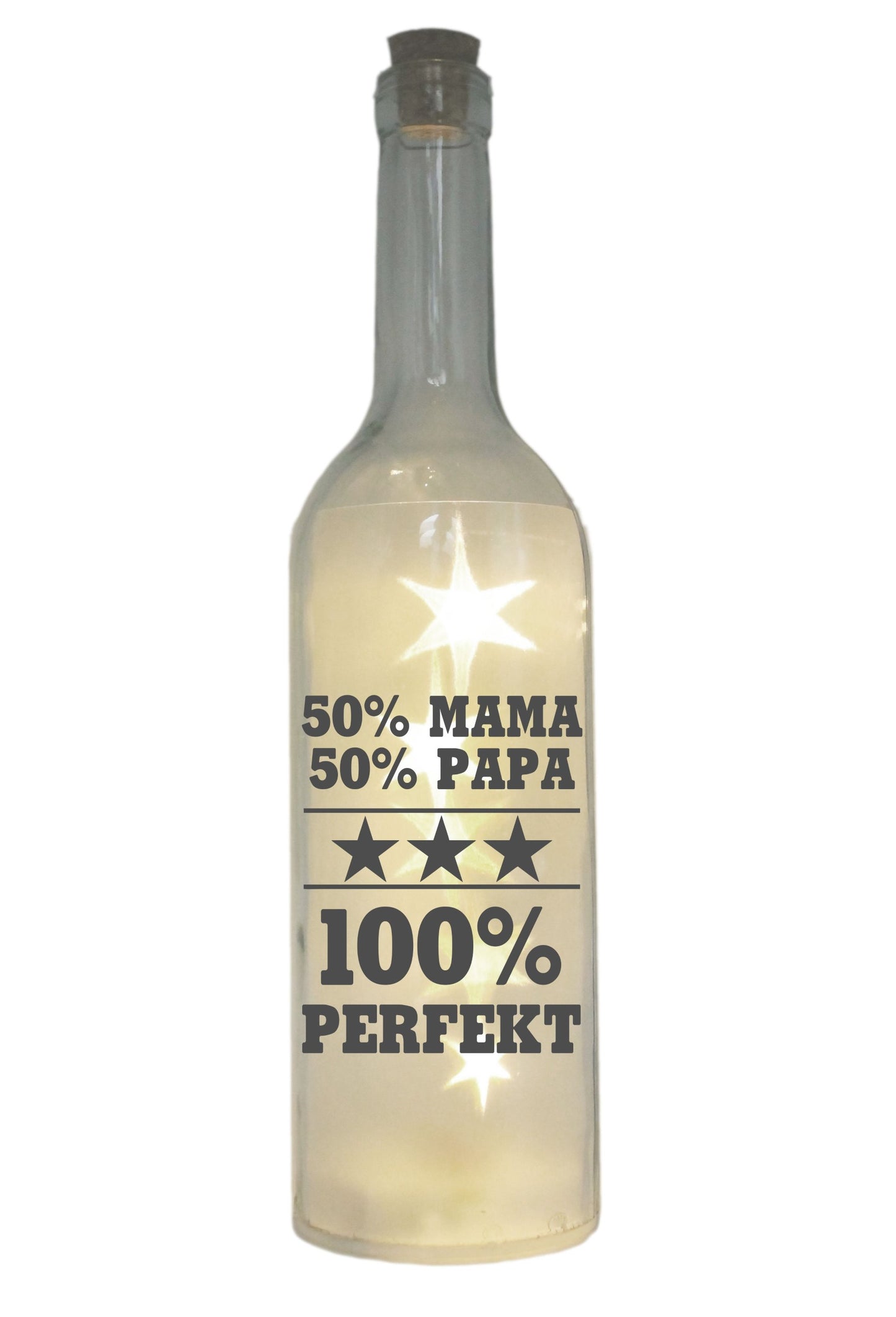 LED-Flasche mit Motiv, 50% Mama Papa 100% Perfekt, grau, 29cm, Flaschen-Licht Lampe mit Text Spruch