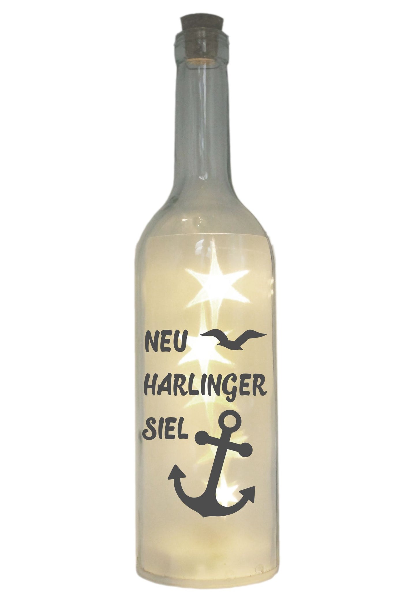 LED-Flasche mit Motiv, Neuharlingersiel mit Anker Möwe, grau, 29cm, Flaschen-Licht Lampe mit Text Spruch