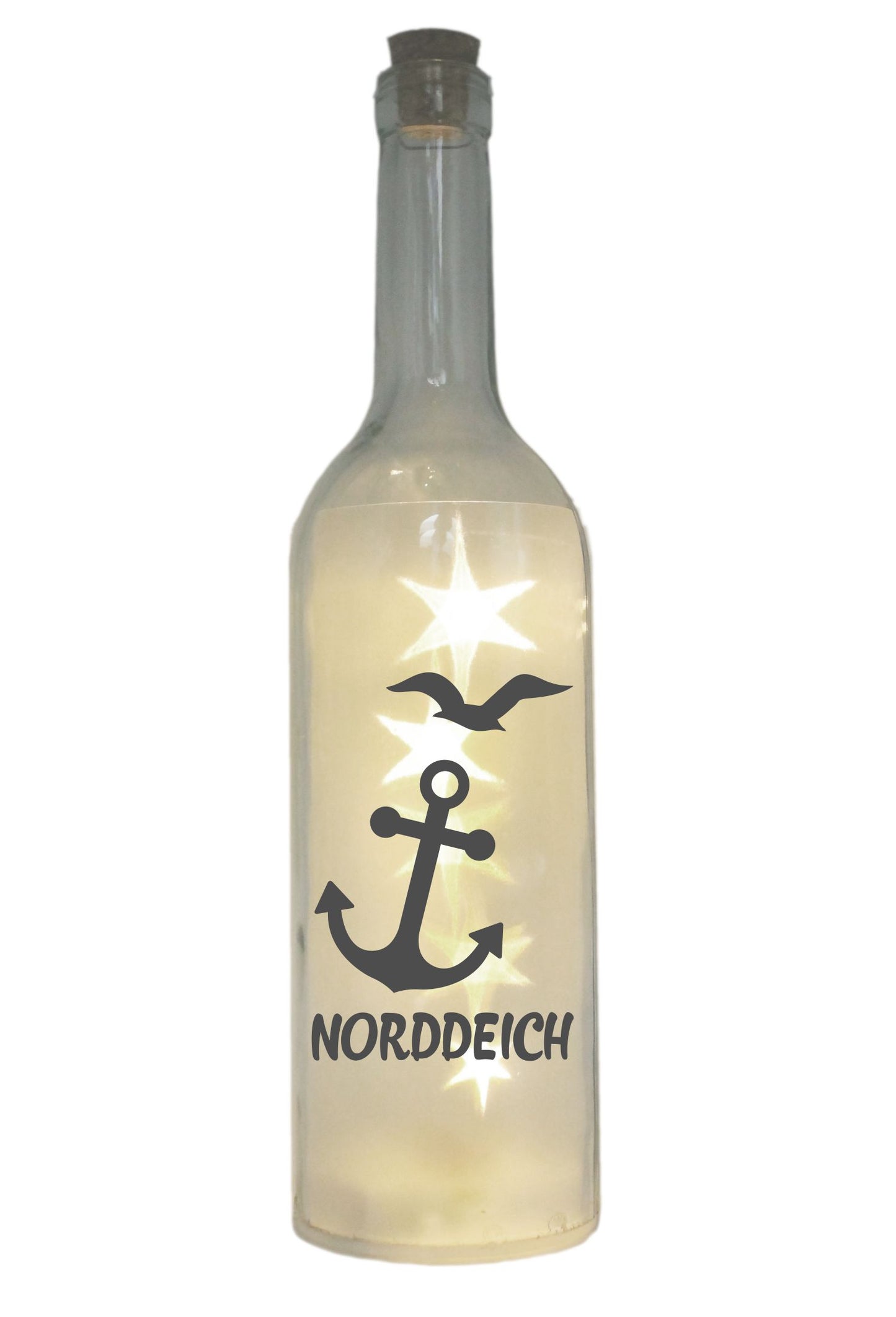 LED-Flasche mit Motiv, Norddeich mit Anker Möwe, grau, 29cm, Flaschen-Licht Lampe mit Text Spruch