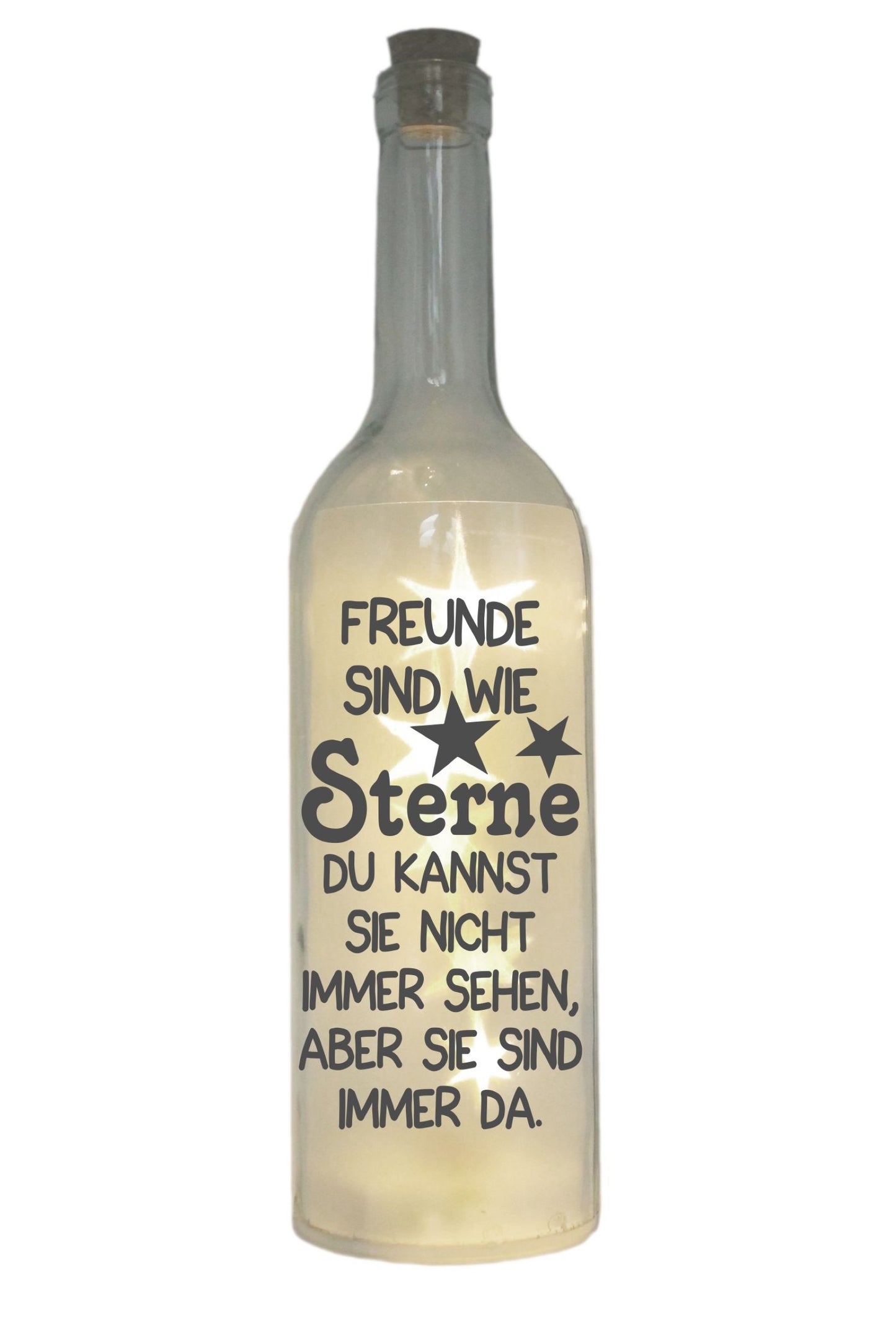 LED-Flasche mit Motiv, Freunde sind wie Sterne, grau, 29cm, Flaschen-Licht Lampe mit Text Spruch