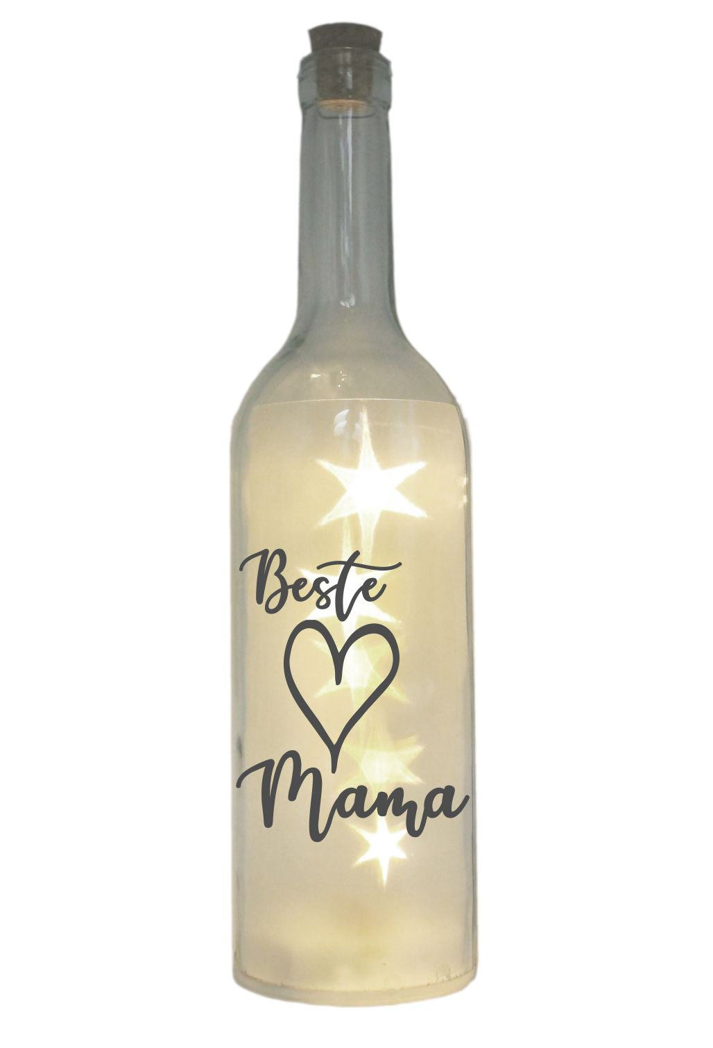 LED-Flasche mit Motiv, Beste Mama Herz, grau, 29cm, Flaschen-Licht Lampe mit Text Spruch