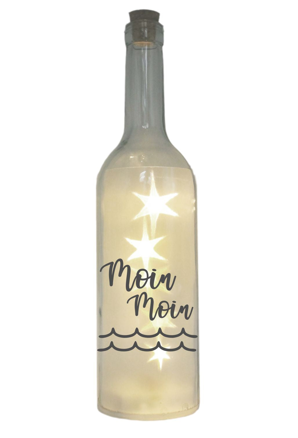 LED-Flasche mit Motiv, Moin Moin Welle, grau, 29cm, Flaschen-Licht Lampe mit Text Spruch Nordsee Ostsee Meer