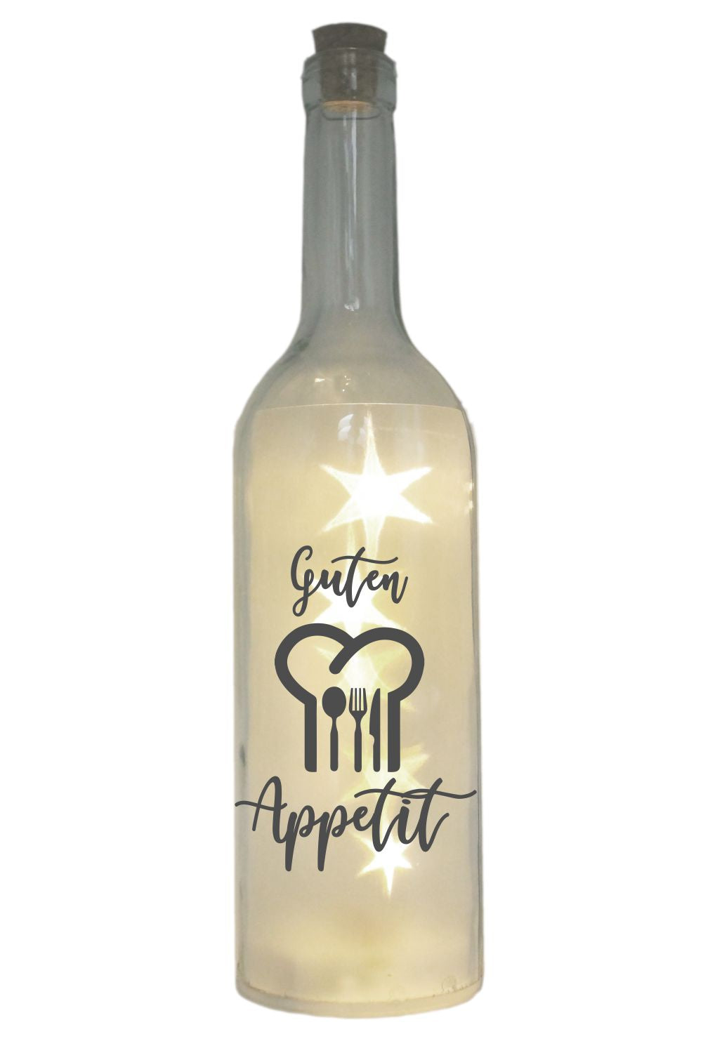 LED-Flasche mit Motiv, Guten Appetit, grau, 29cm, Flaschen-Licht Lampe mit Text Spruch Besteck Küche Koch-Mütze