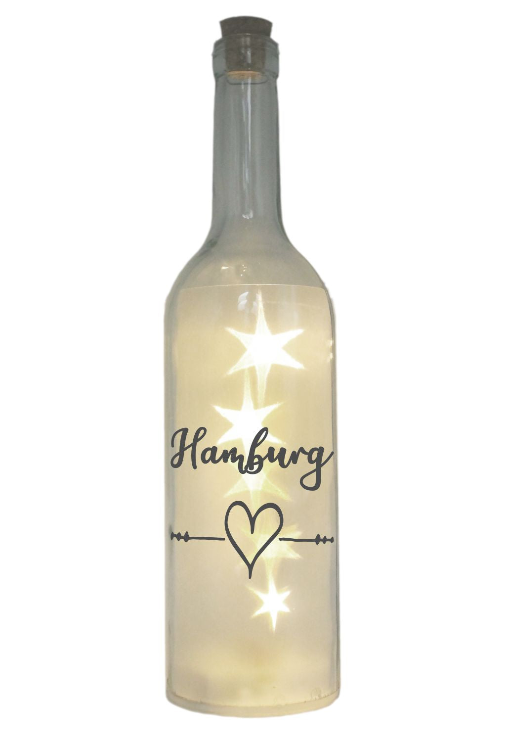 LED-Flasche mit Motiv, Hamburg Herz, grau, 29cm, Flaschen-Licht Lampe mit Text Spruch Stadt