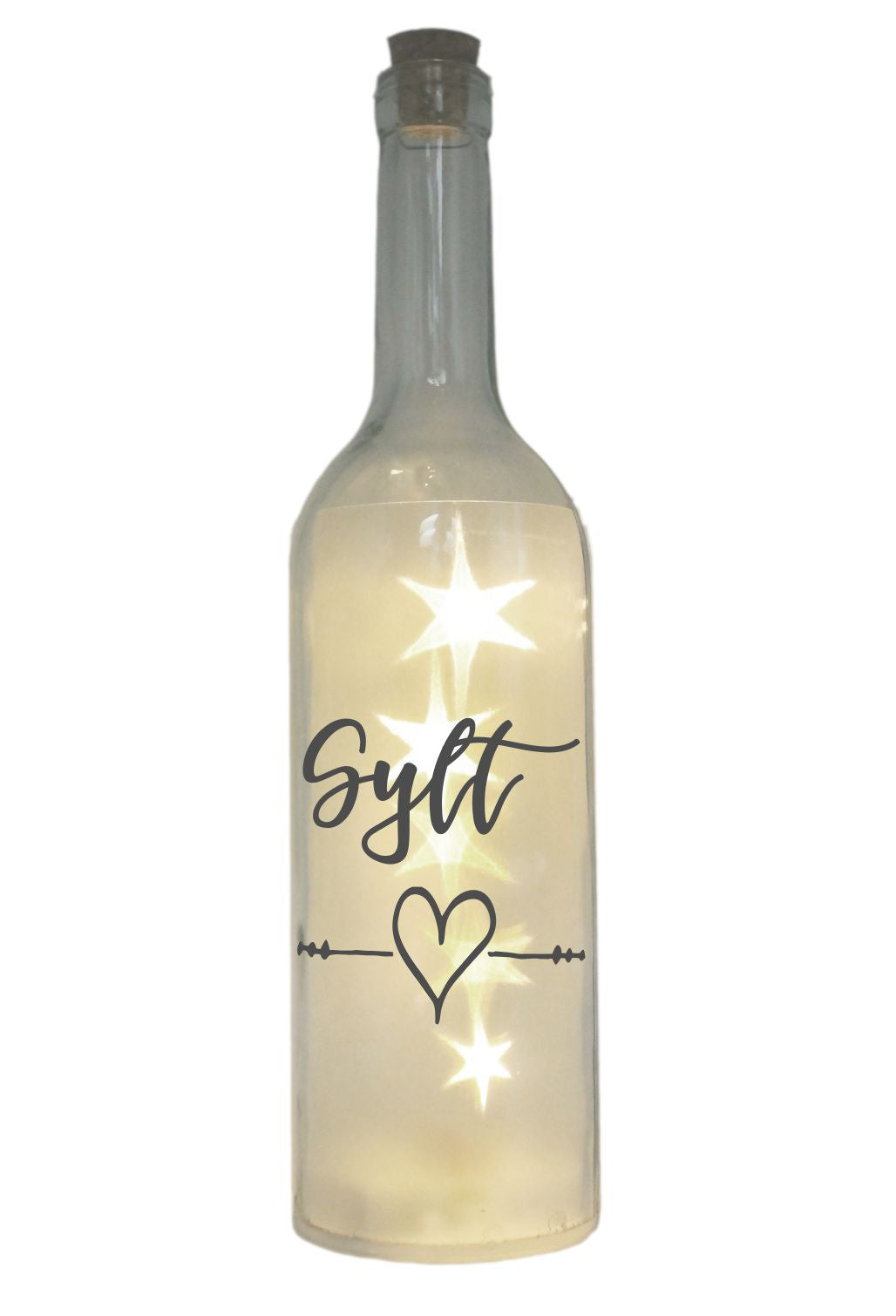 LED-Flasche mit Motiv, Insel Sylt Herz, grau, 29cm, Flaschen-Licht Lampe mit Text Spruch Stadt