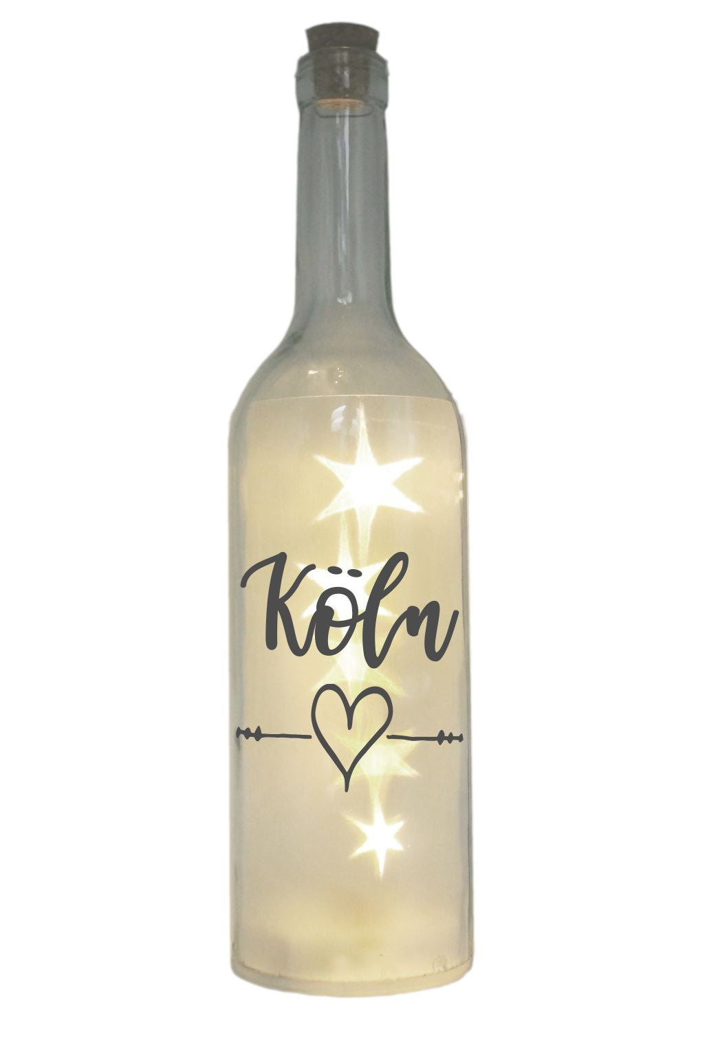 LED-Flasche mit Motiv, Köln Herz, grau, 29cm, Flaschen-Licht Lampe mit Text Spruch Stadt