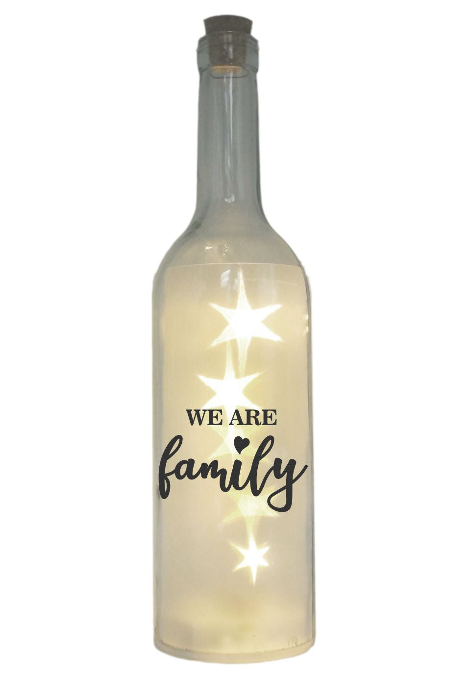 LED-Flasche mit Motiv, we are family, grau, 29cm, Flaschen-Licht Lampe mit Text Spruch Familie