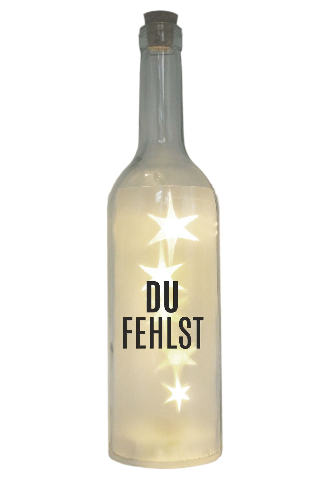 LED-Flasche mit Motiv, Du fehlst, grau, 29cm, Flaschen-Licht Lampe mit Text Spruch Trauer-Licht