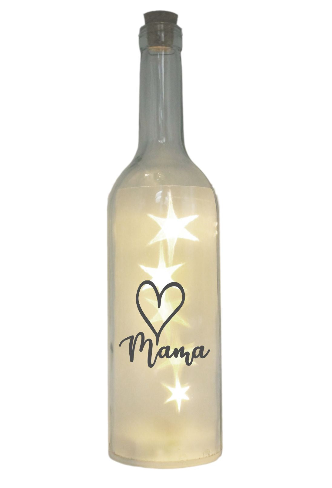 LED-Flasche mit Motiv, Herz Mama, grau, 29cm, Flaschen-Licht Lampe mit Text Spruch