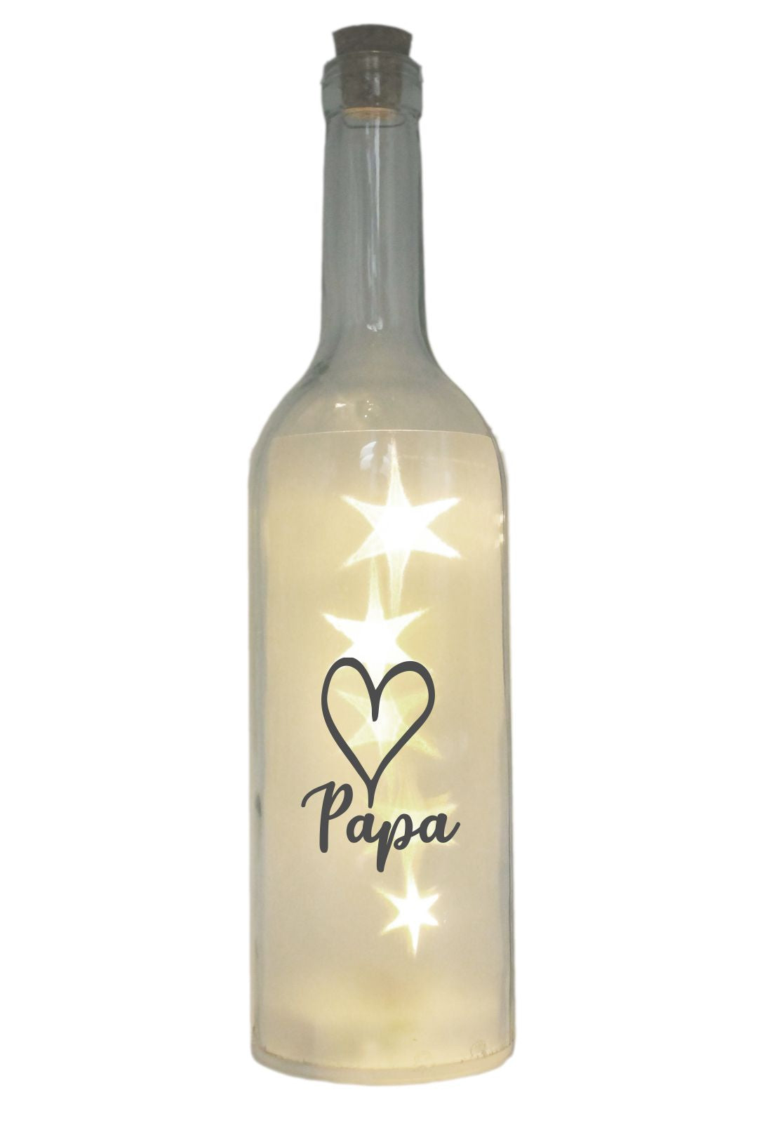 LED-Flasche mit Motiv, Herz Papa, grau, 29cm, Flaschen-Licht Lampe mit Text Spruch