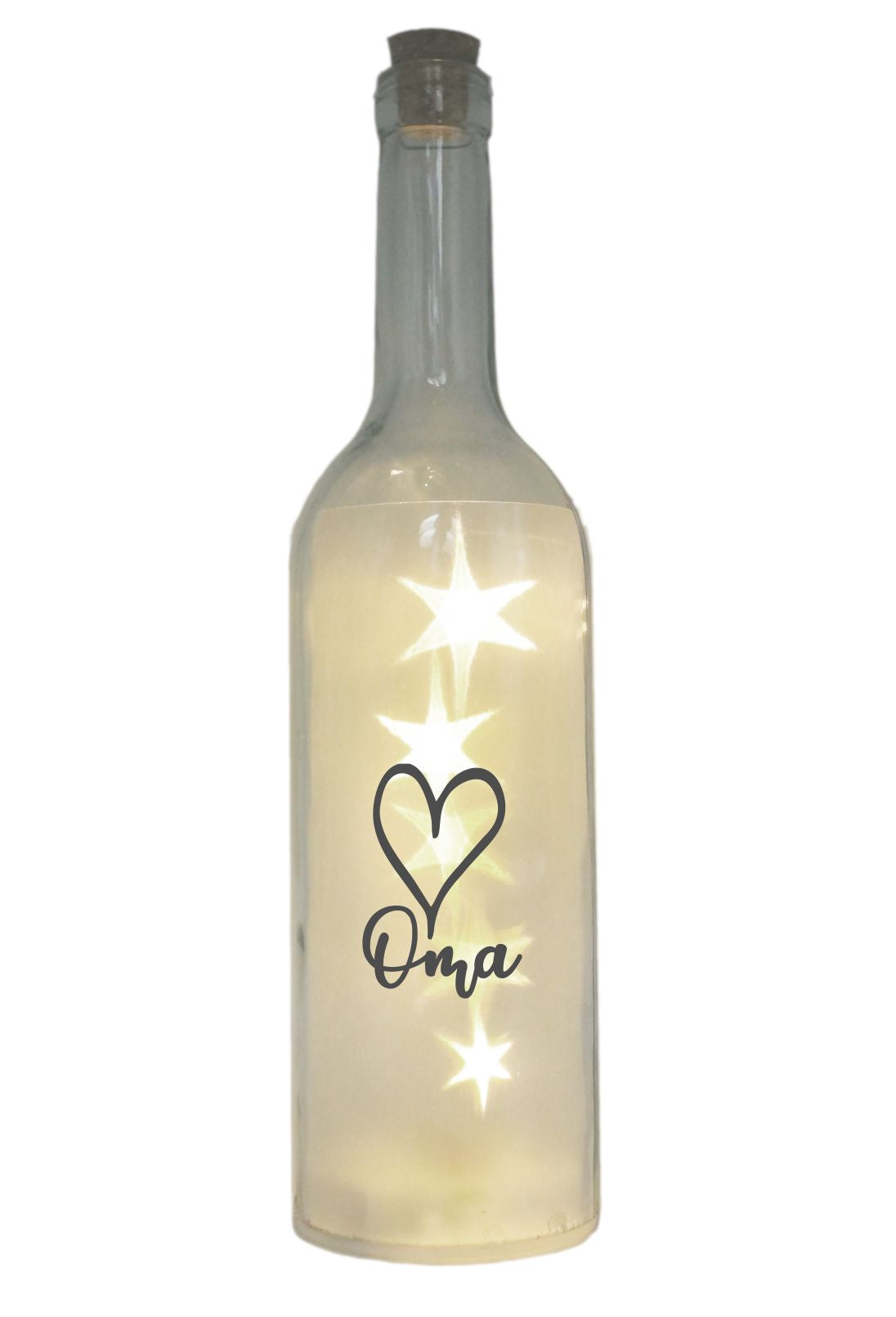 LED-Flasche mit Motiv, Herz Oma, grau, 29cm, Flaschen-Licht Lampe mit Text Spruch