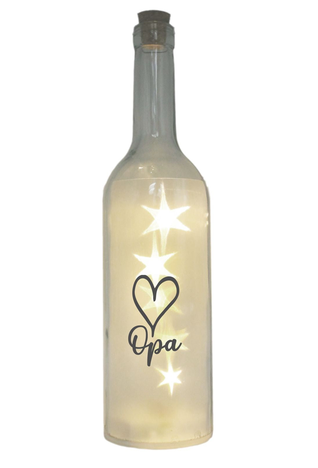 LED-Flasche mit Motiv, Herz Opa, grau, 29cm, Flaschen-Licht Lampe mit Text Spruch