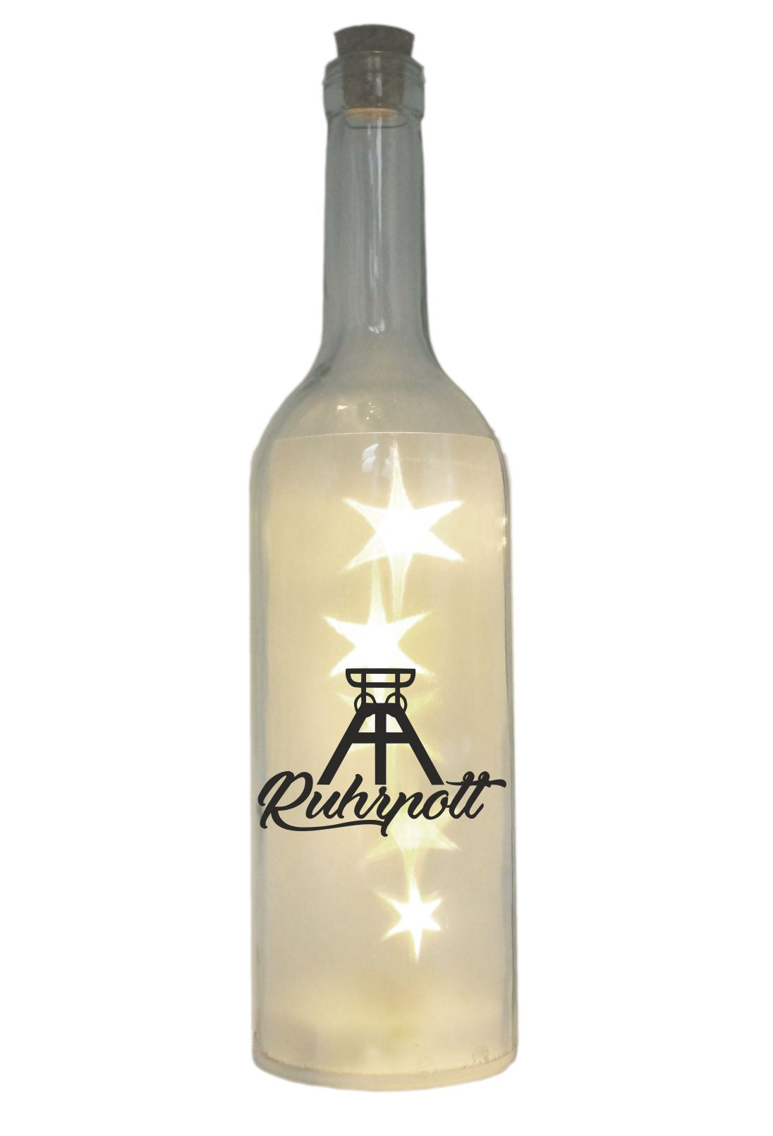 LED-Flasche mit Motiv, Ruhrpott Förderturm, grau, 29cm, Flaschen-Licht Lampe mit Text Spruch Ruhrgebiet