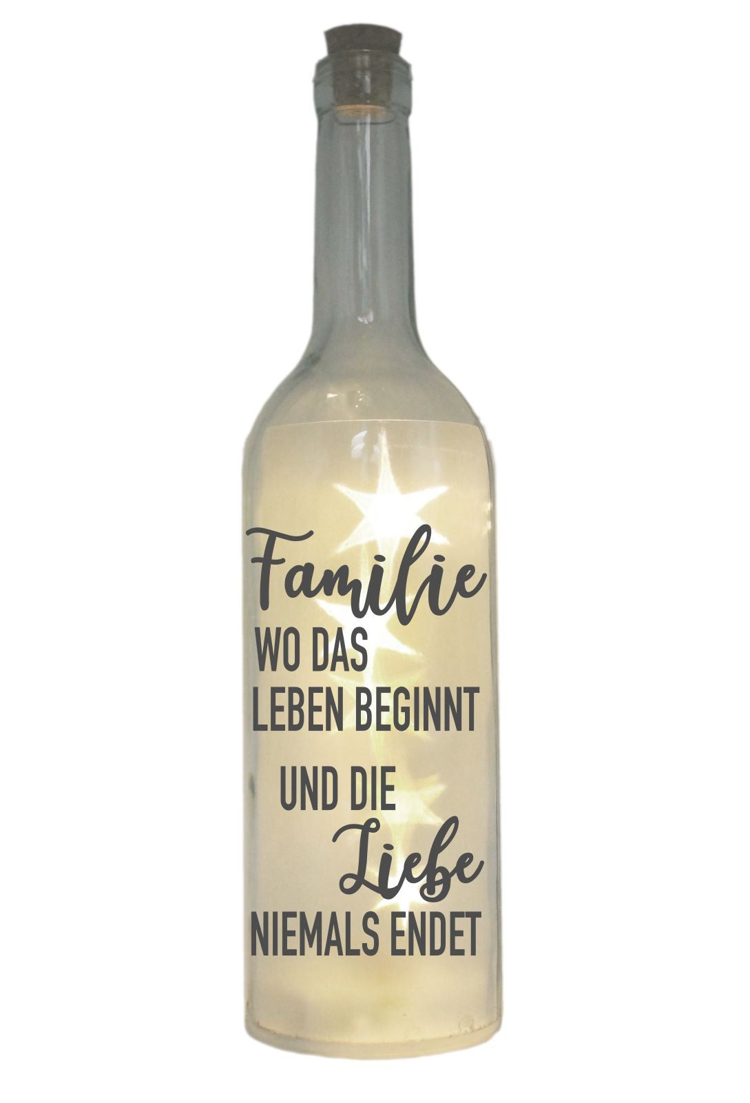 LED-Flasche mit Motiv, Familie wo das Leben beginnt - Liebe niemals endet, grau, 29cm, Flaschen-Licht Lampe mit Text Spruch