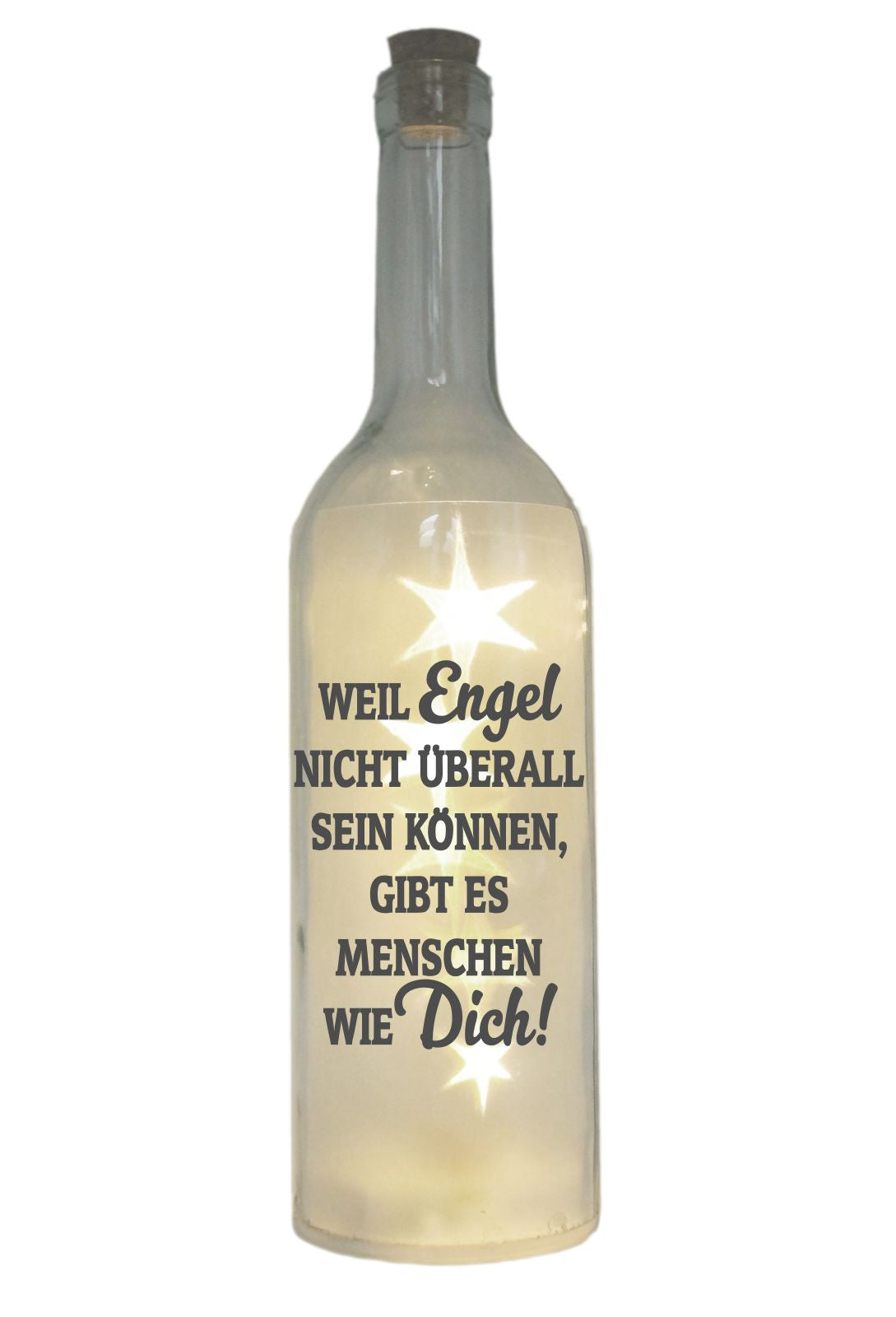 LED-Flasche mit Motiv, Weil Engel nicht überall sein können gibt es Menschen wie dich, grau, 29cm, Flaschen-Licht Lampe mit Text Spruch