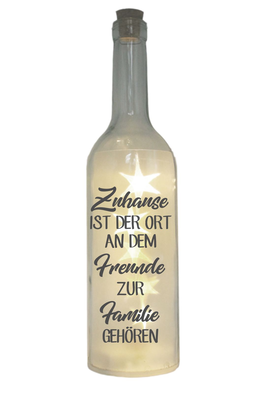 LED-Flasche mit Motiv, Zuhause ist der Ort an dem Freunde zur Familie gehören, grau, 29cm, Flaschen-Licht Lampe mit Text Spruch