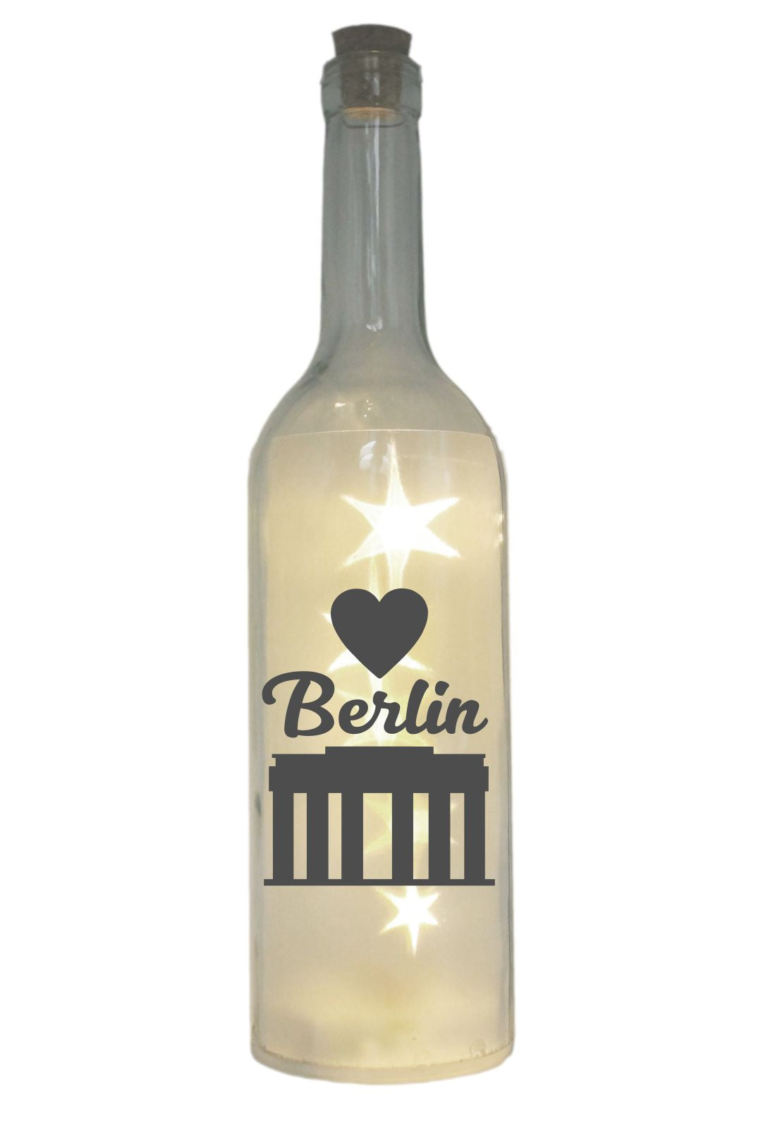LED-Flasche mit Motiv, Berlin Brandenburger Tor Herz, grau, 29cm, Flaschen-Licht Lampe mit Text Spruch Stadt