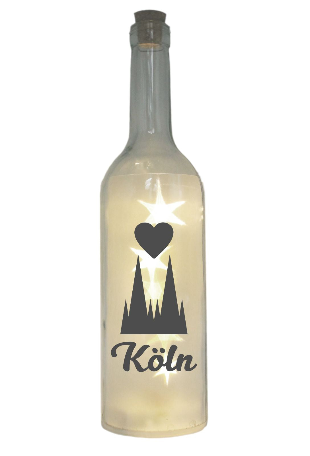 LED-Flasche mit Motiv, Kölner Dom Herz Köln, grau, 29cm, Flaschen-Licht Lampe mit Text Spruch Stadt
