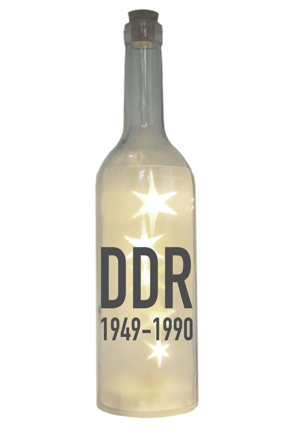 LED-Flasche mit Motiv, DDR 1949 bis 1990, grau, 29cm, Flaschen-Licht Lampe mit Text Spruch Stadt
