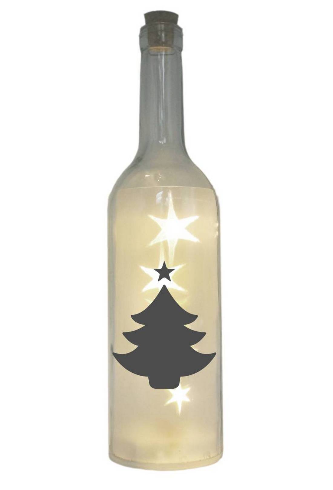 LED-Flasche mit Motiv, Tannenbaum Weihnachtsbaum Weihnachten, grau, 29cm, Flaschen-Licht Lampe mit Text Spruch