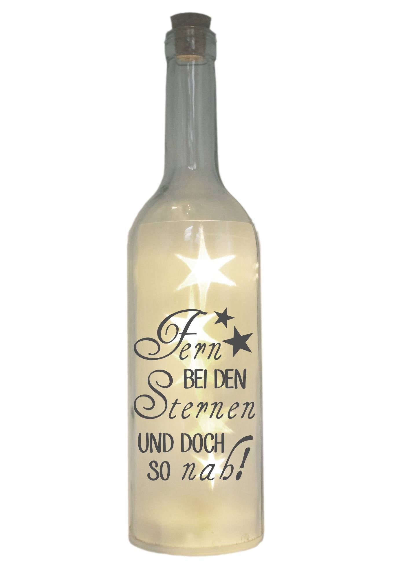 LED-Flasche mit Motiv, Fern bei den Sternen und doch so nah, grau, 29cm, Flaschen-Licht Lampe mit Text Spruch