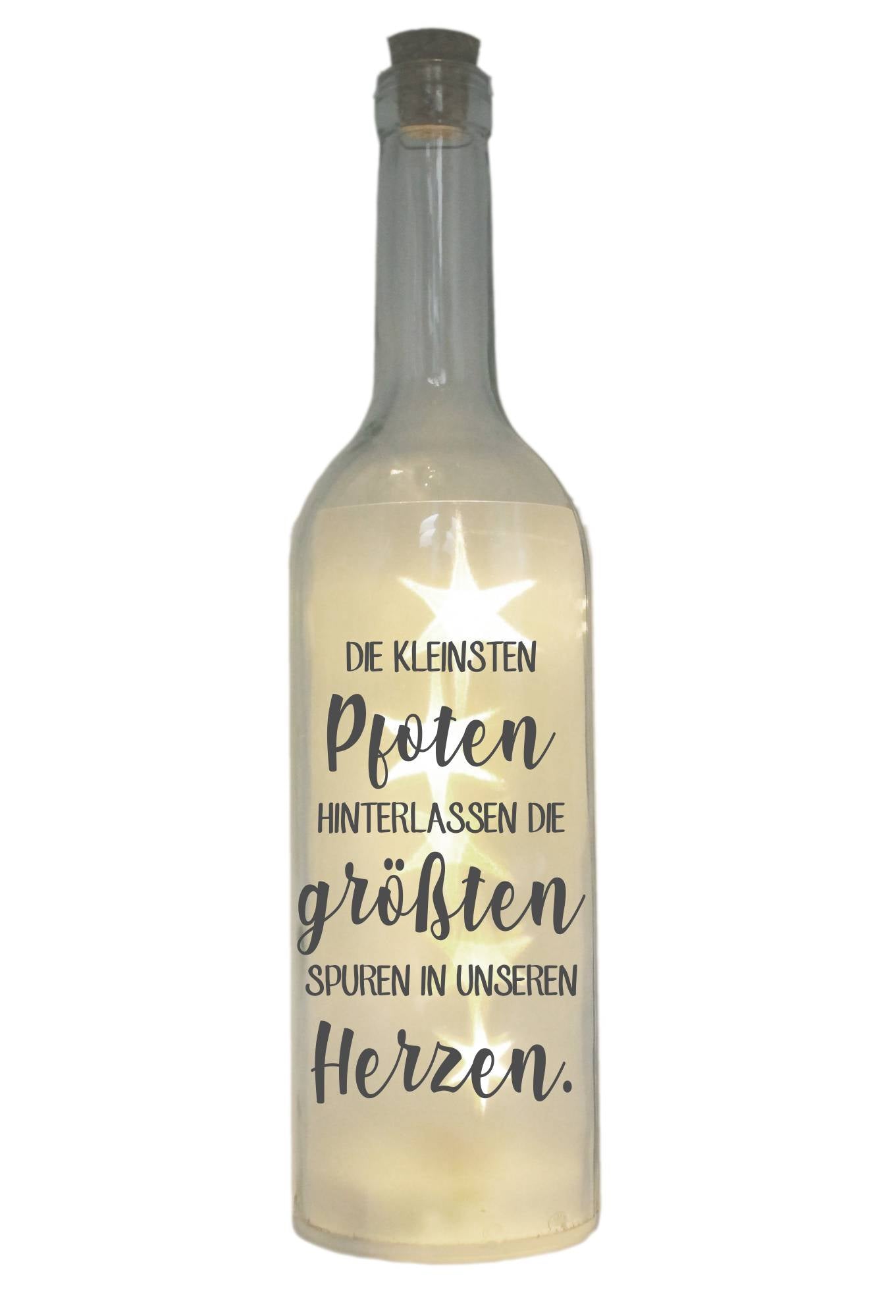 LED-Flasche mit Motiv, Die kleinsten Pfoten hinterlassen die größten Spuren, grau, 29cm, Flaschen-Licht Lampe mit Text Spruch