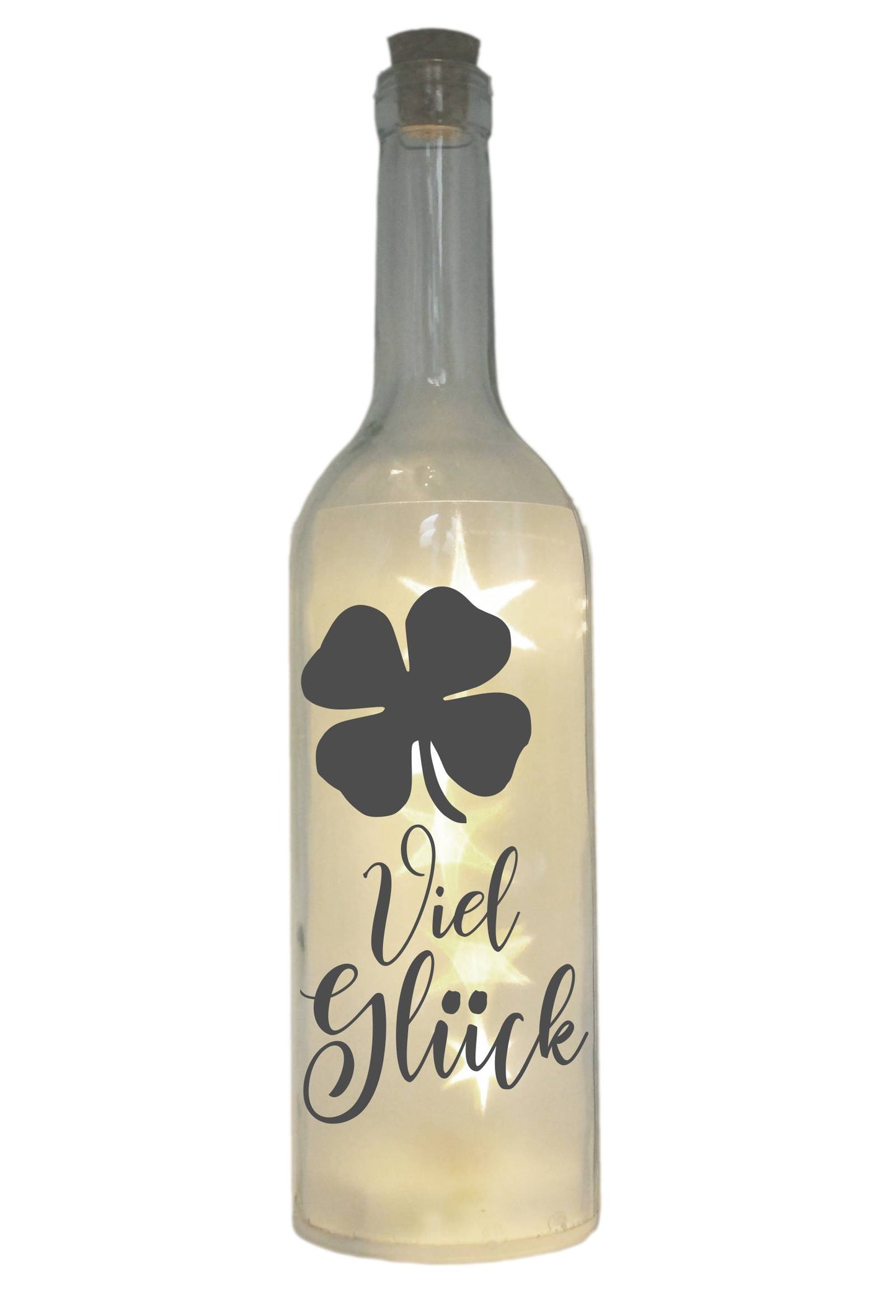 LED-Flasche mit Motiv, Viel Glück Kleeblatt, grau, 29cm, Flaschen-Licht Lampe mit Text Spruch