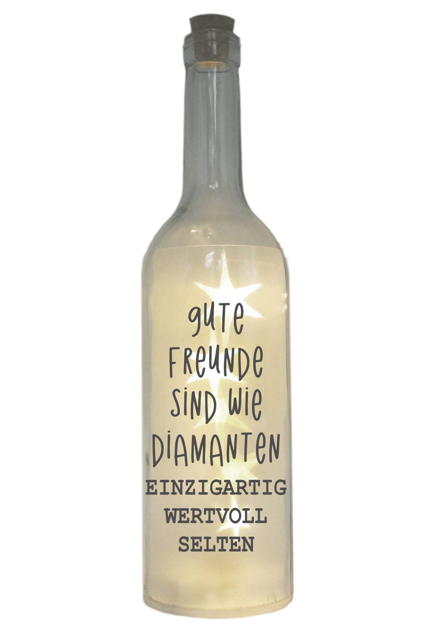 LED-Flasche mit Motiv, Gute Freunde sind wie Diamanten, grau, 29cm, Flaschen-Licht Lampe mit Text Spruch