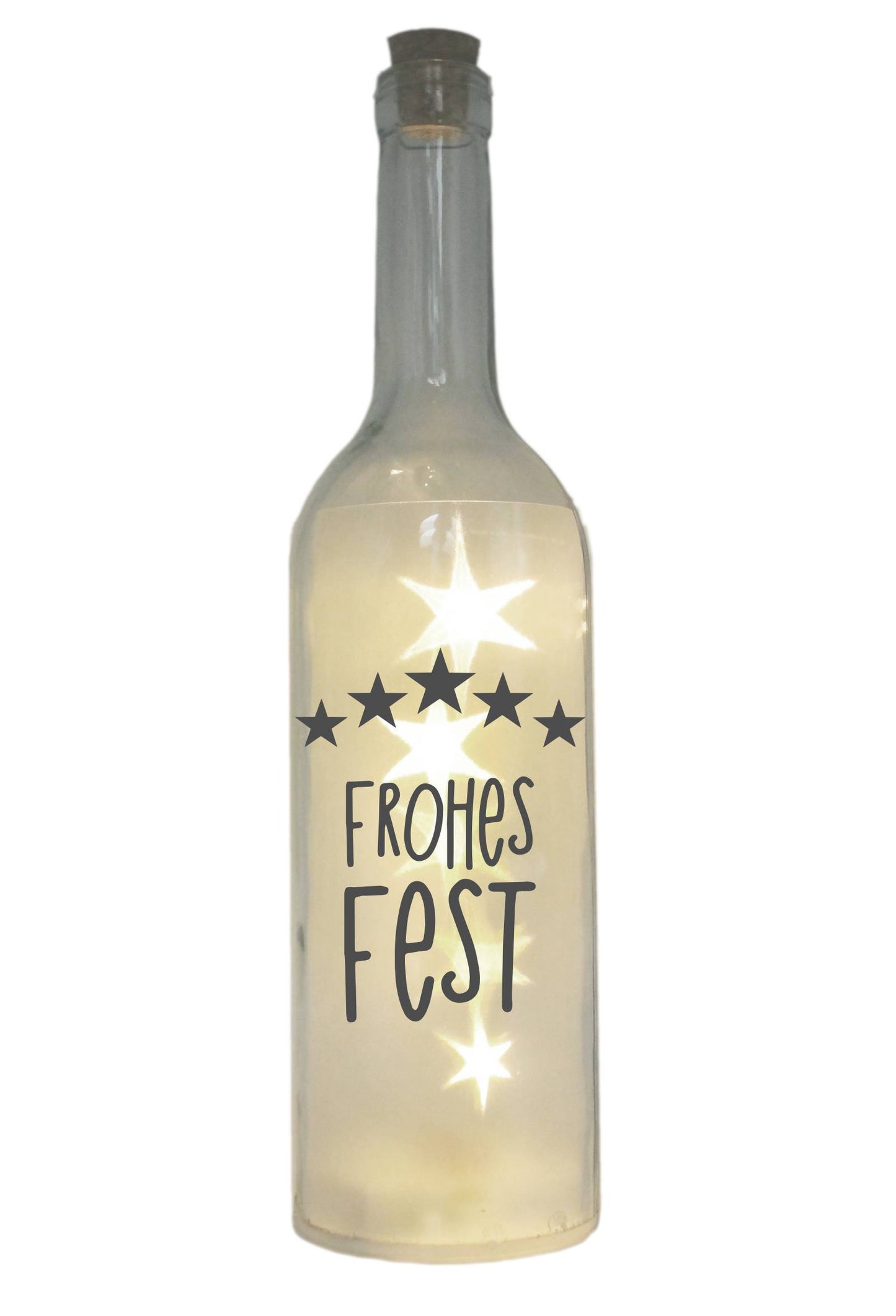LED-Flasche mit Motiv, Frohes Fest Sterne, grau, 29cm, Flaschen-Licht Lampe mit Text Spruch