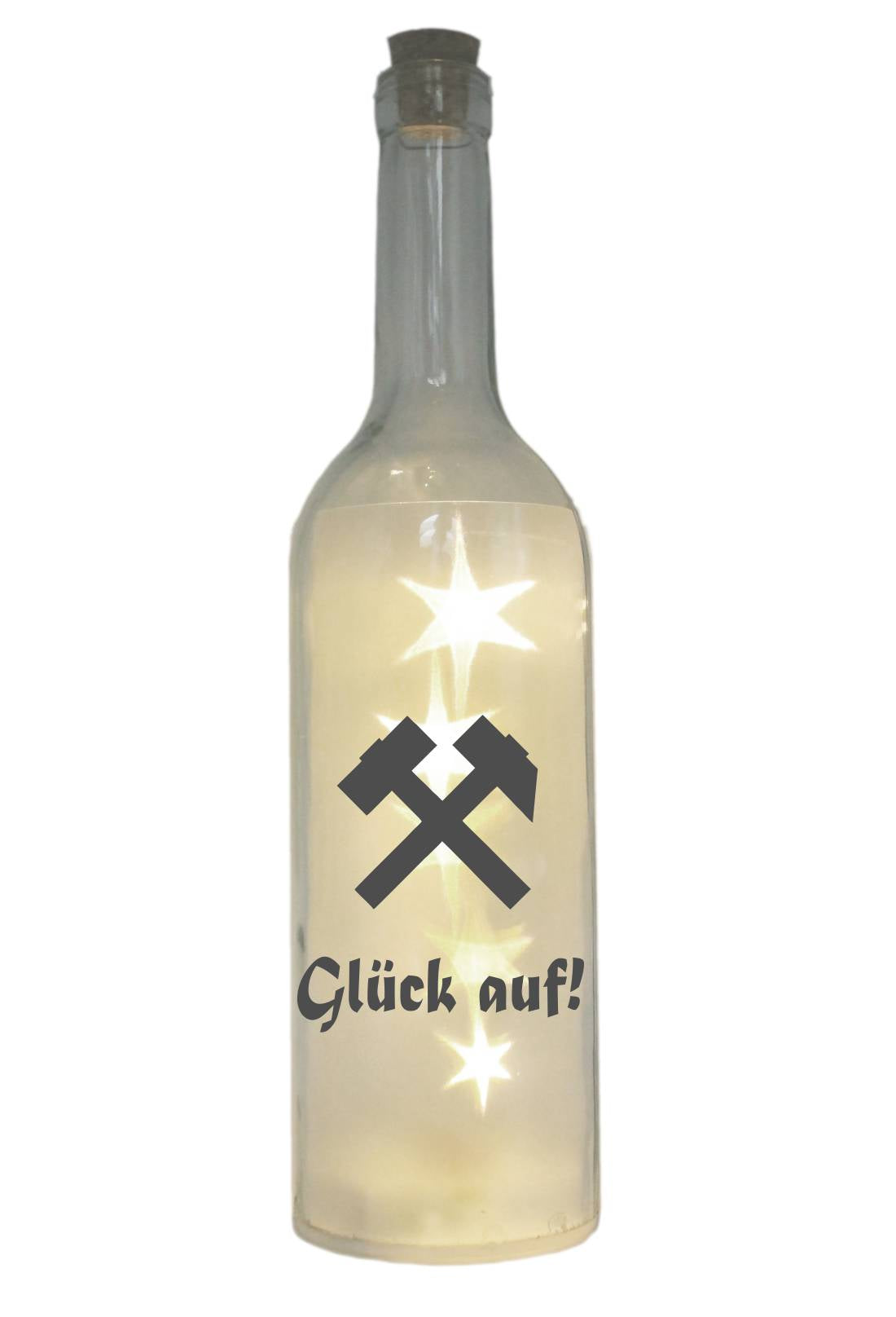 LED-Flasche mit Motiv, Glück auf! Schlägel und Eisen, grau, 29cm, Flaschen-Licht Lampe mit Text Spruch Ruhrgebiet