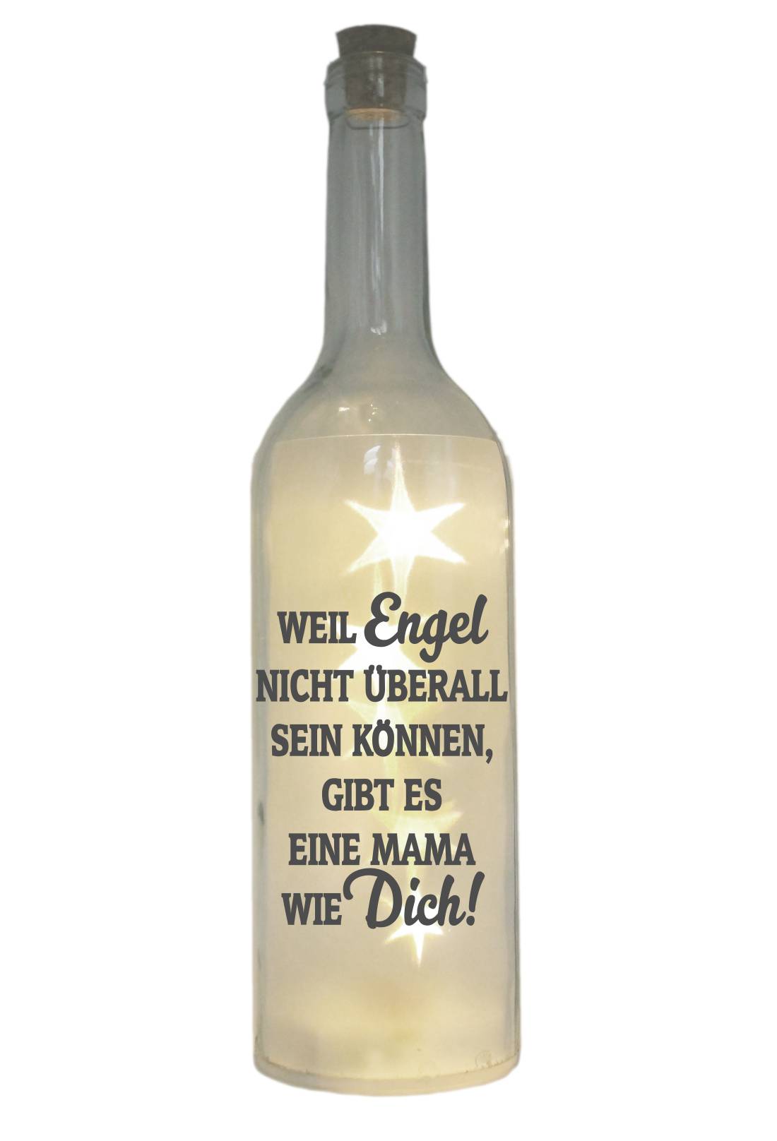 LED-Flasche mit Motiv, Mama - Weil Engel nicht überall sein können gibt es eine Mama wie dich, grau, 29cm, Flaschen-Licht Lampe mit Text Spruch