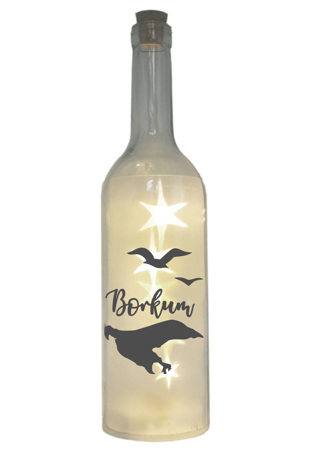 LED-Flasche mit Motiv, Insel Borkum Silhouette Möwen, grau, 29cm, Flaschen-Licht Lampe mit Text Spruch