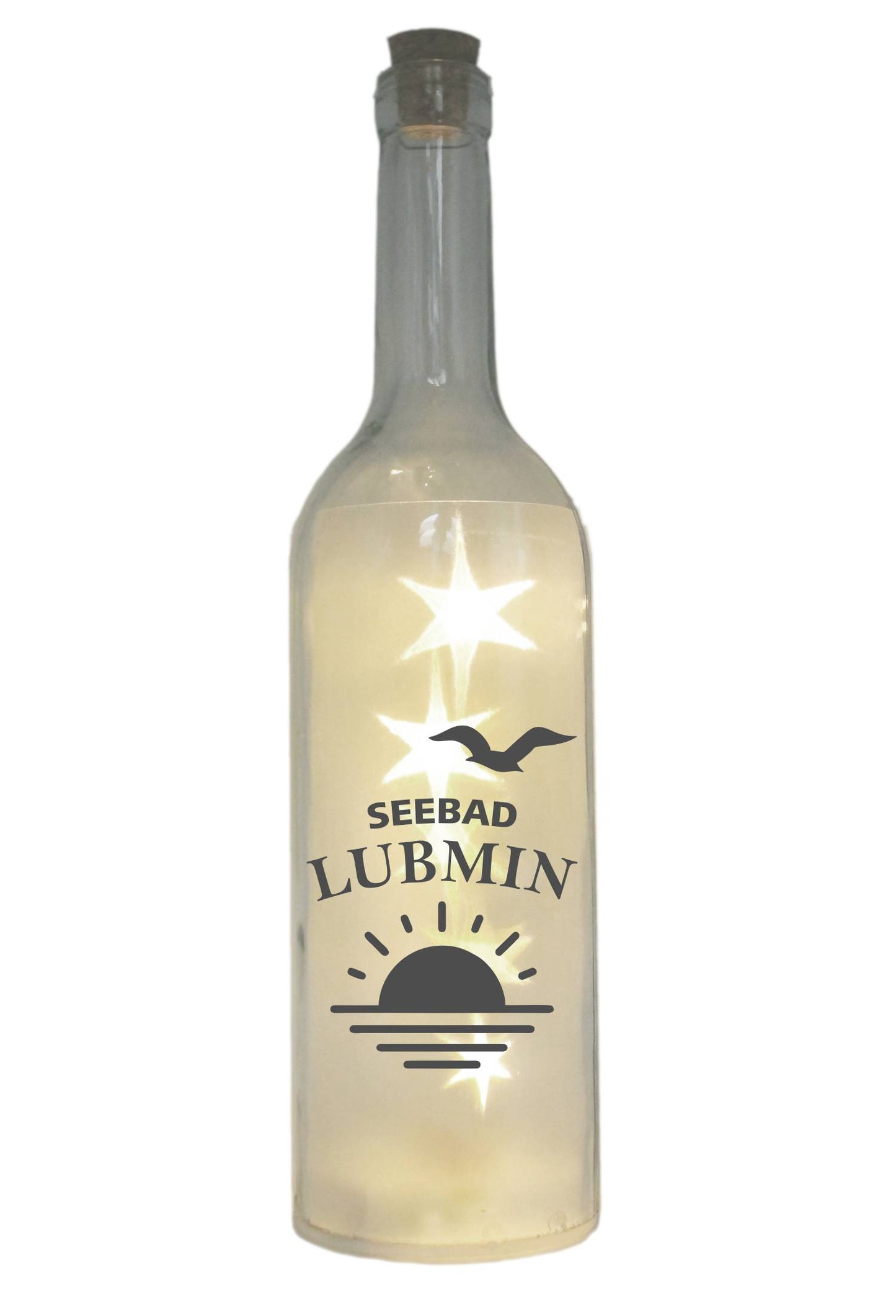 LED-Flasche mit Motiv, Seebad Lubmin Sonne Möwe Ostsee, grau, 29cm, Flaschen-Licht Lampe mit Text Spruch