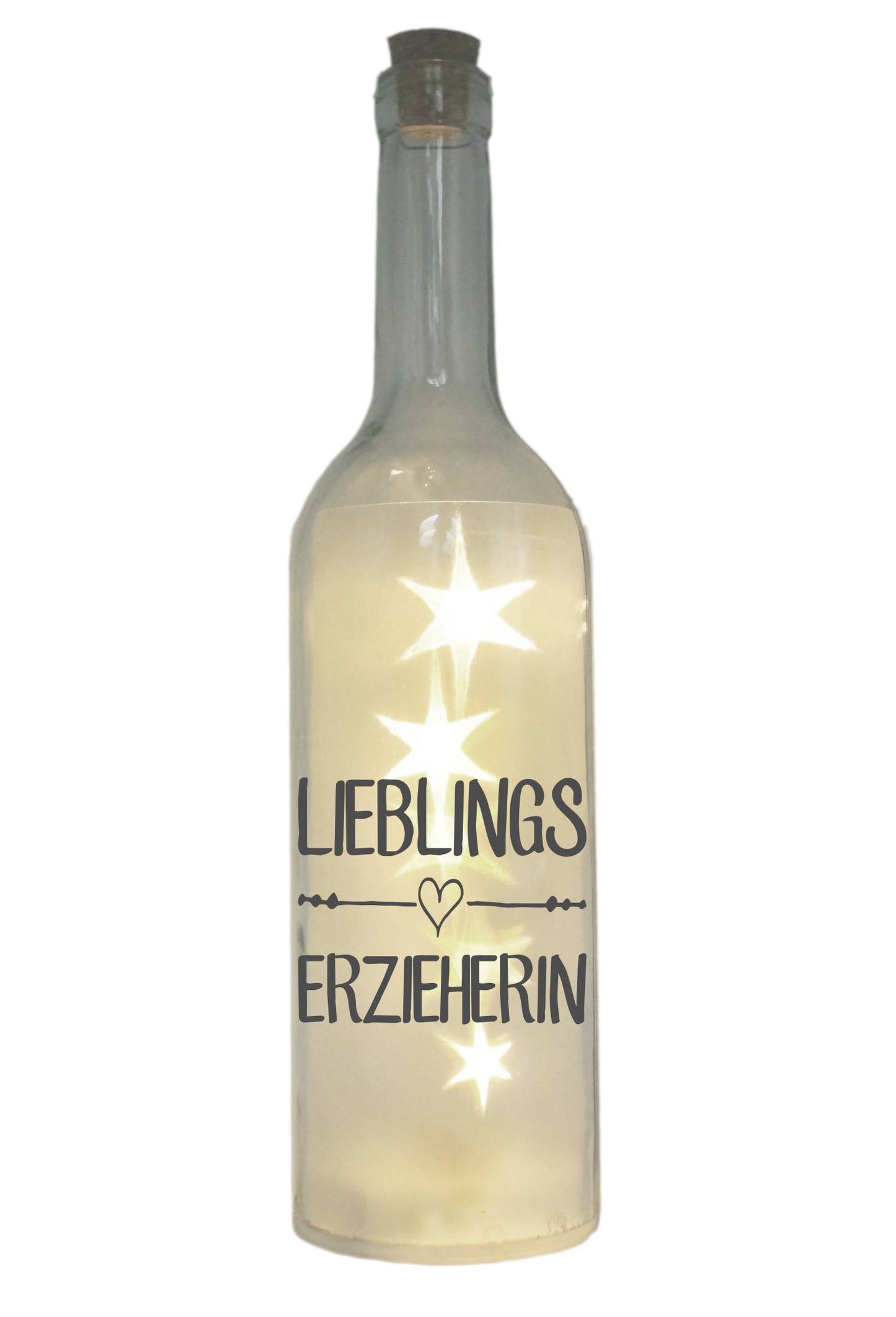 LED-Flasche mit Motiv, Lieblings-Erzieherin, grau, 29cm, Flaschen-Licht Lampe mit Text Spruch