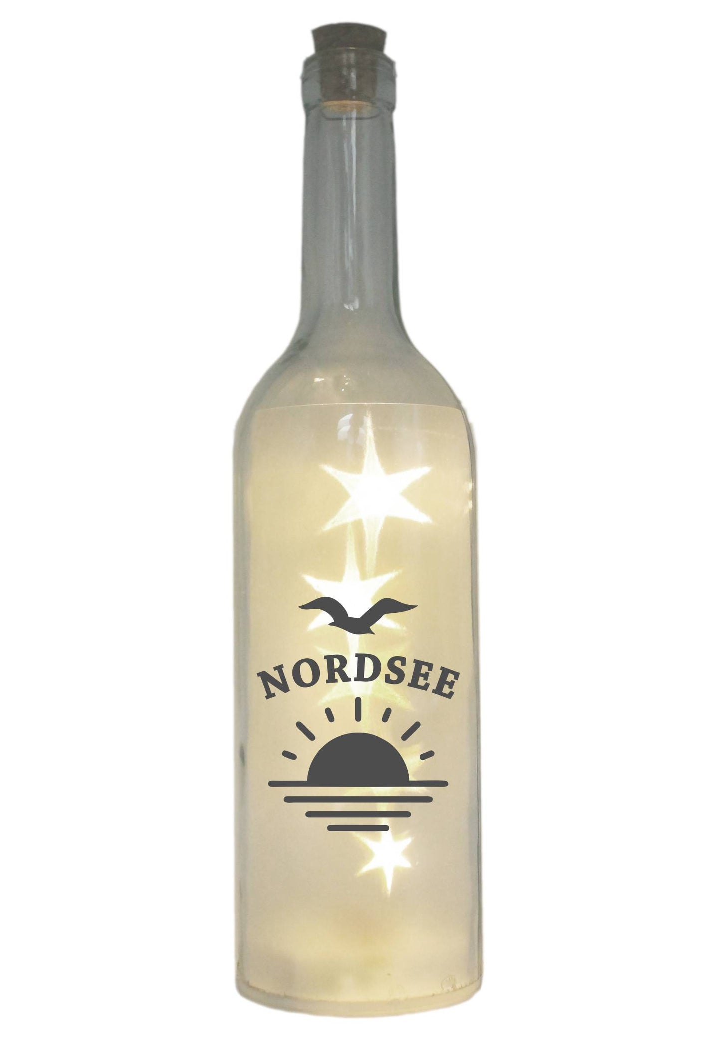 LED-Flasche mit Motiv, Nordsee Sonne Möwe, grau, 29cm, Flaschen-Licht Lampe mit Text Spruch