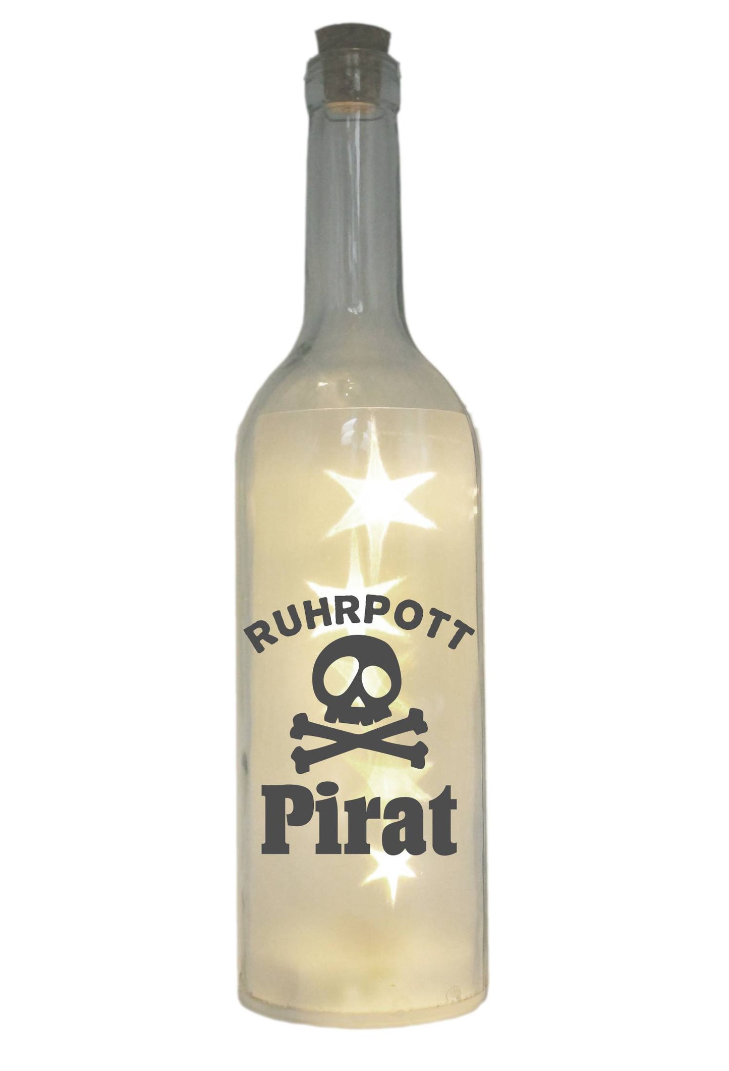 LED-Flasche mit Motiv, Ruhrpott Pirat, grau, 29cm, Flaschen-Licht Lampe mit Text Spruch Ruhrgebiet