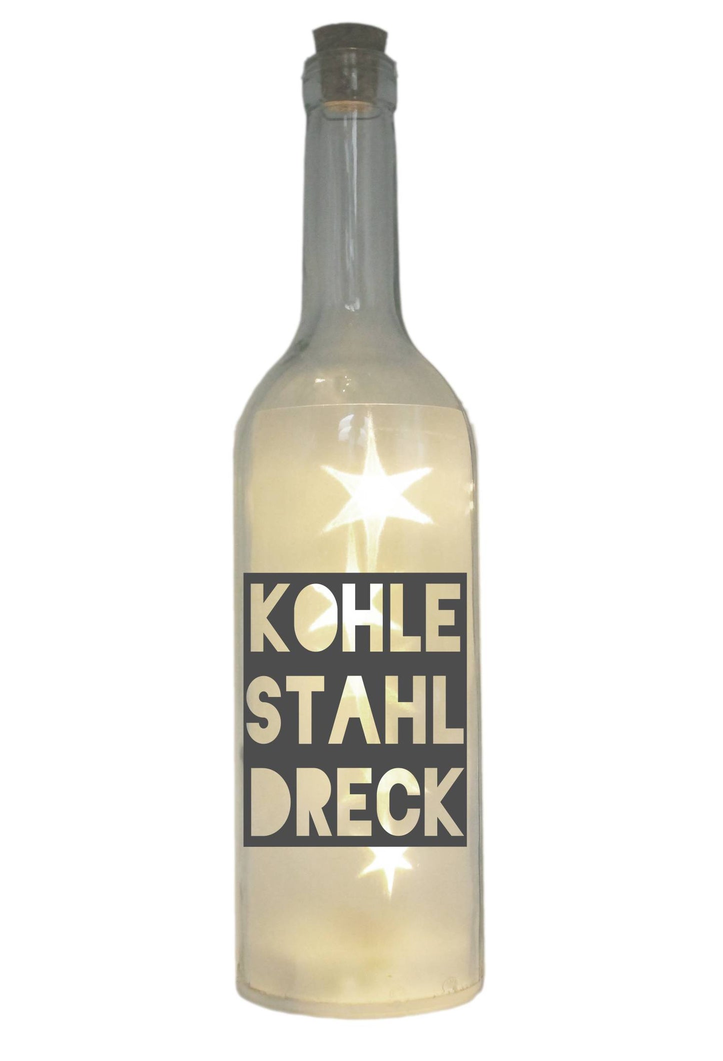 LED-Flasche mit Motiv, Kohle Stahl Dreck, Ruhrpott, grau, 29cm, Flaschen-Licht Lampe mit Text Spruch Ruhrgebiet