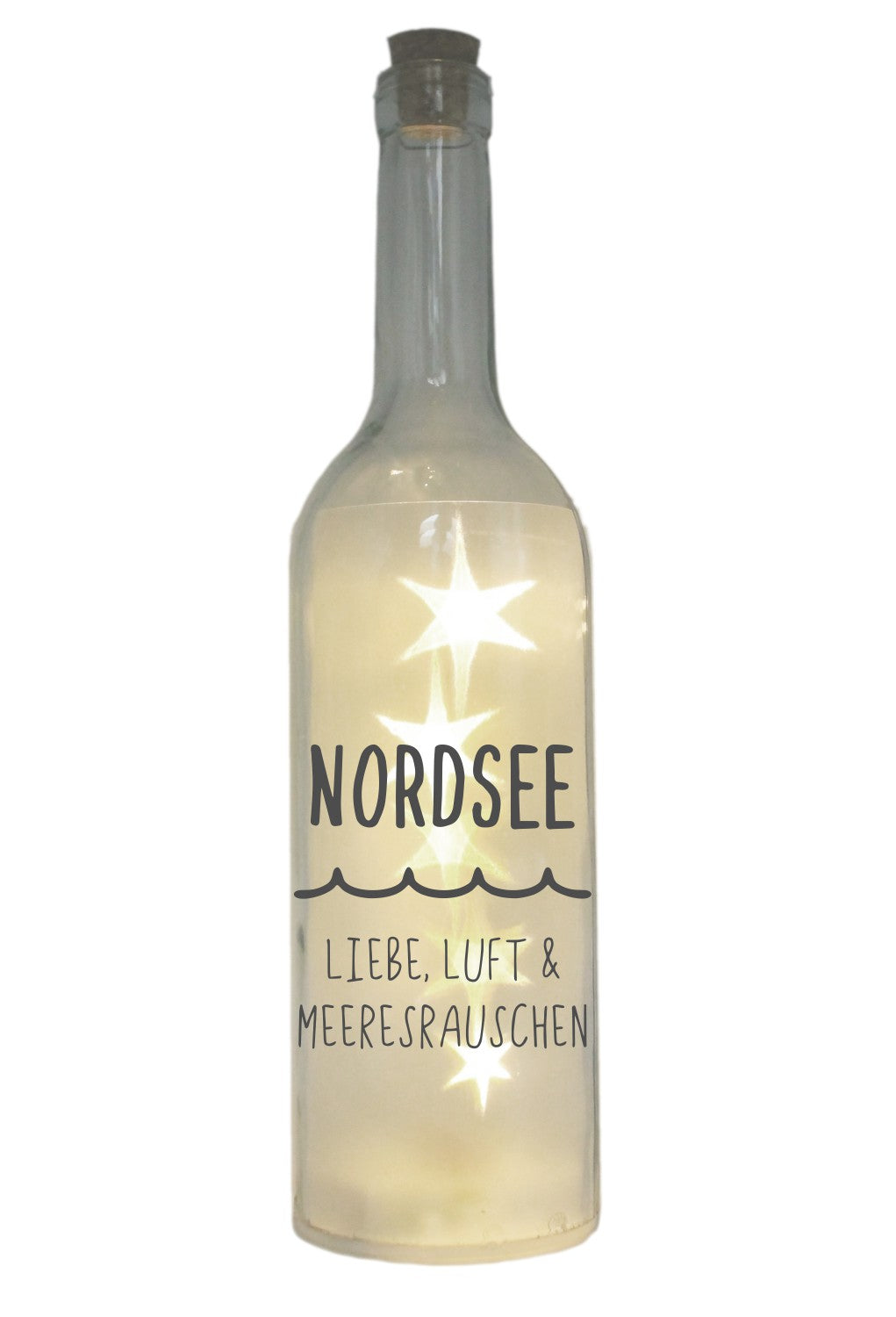 LED-Flasche mit Motiv, Nordsee Liebe Luft Meeresrauschen, 29cm, Flaschen-Licht Glitzer-Flasche Leuchtflasche Lampe mit Text Spruch maritim