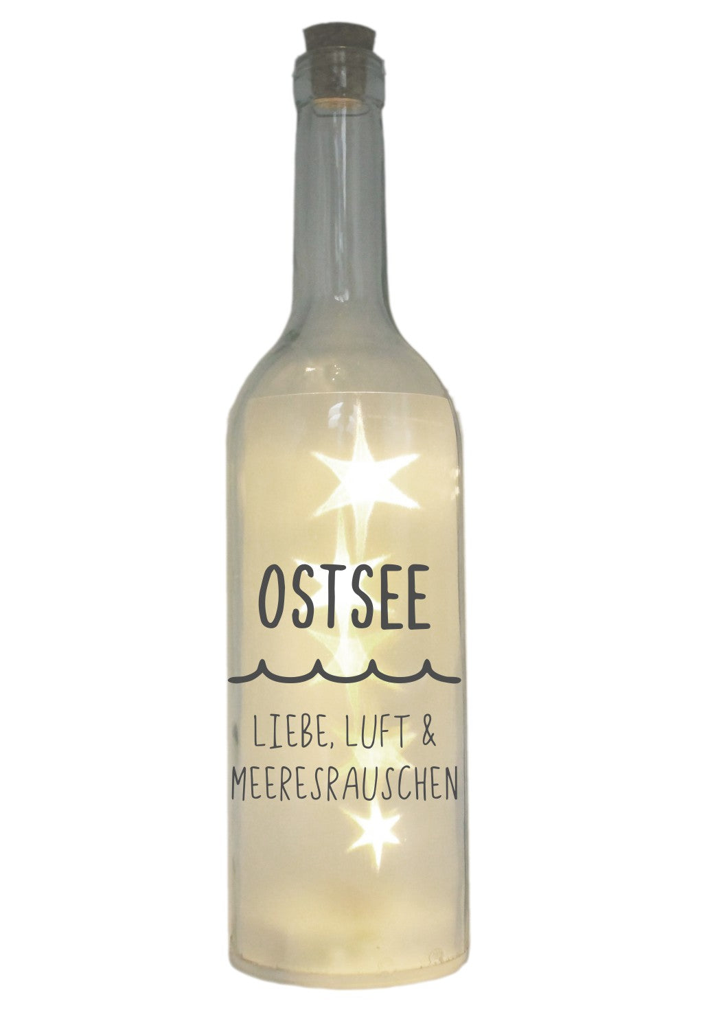 LED-Flasche mit Motiv, Ostsee Liebe Luft Meeresrauschen, 29cm, Flaschen-Licht Glitzer-Flasche Leuchtflasche Lampe mit Text Spruch maritim