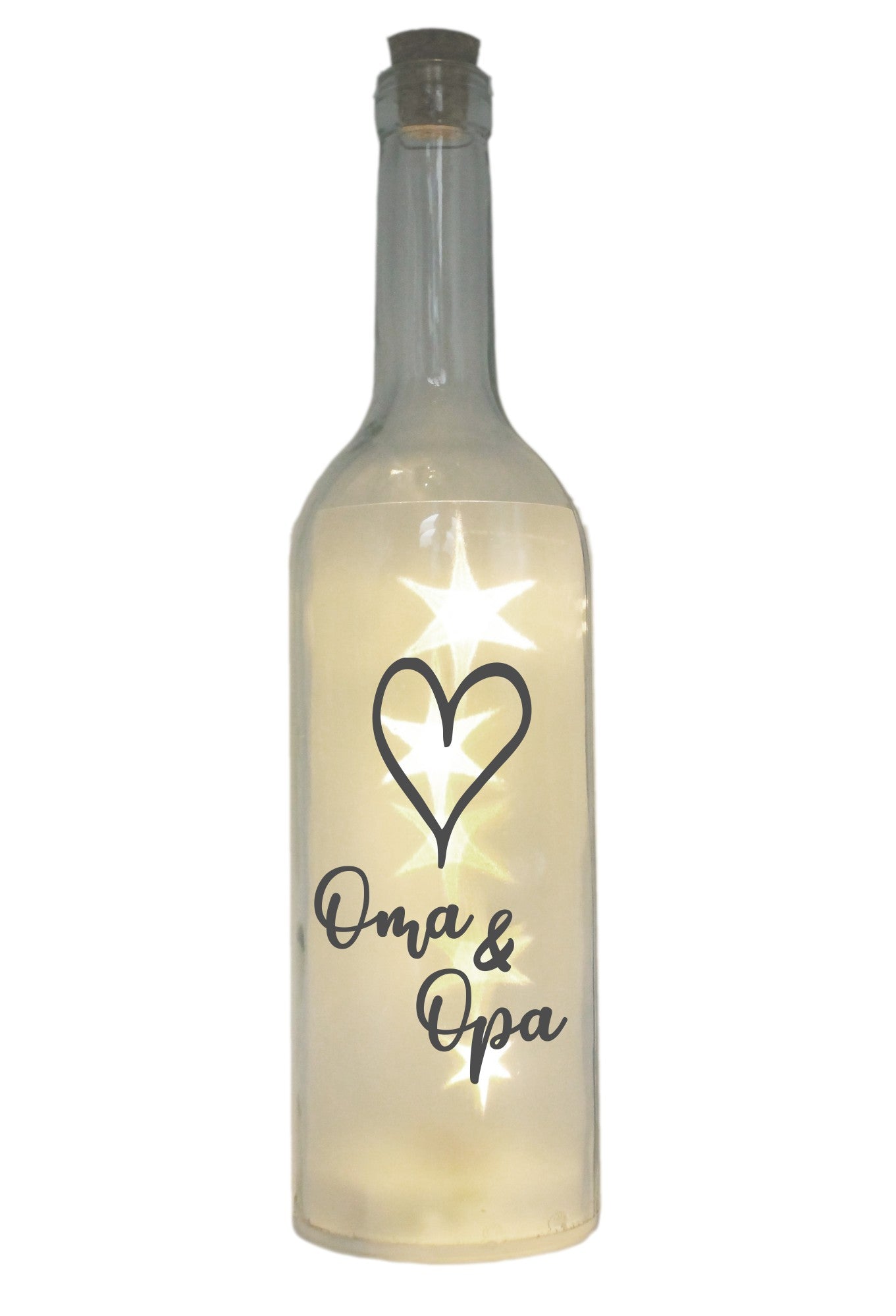 LED-Flasche mit Motiv, Herz Oma & Opa, grau, 29cm, Flaschen-Licht Glitzer-Flasche Leuchtflasche Lampe mit Text Spruch