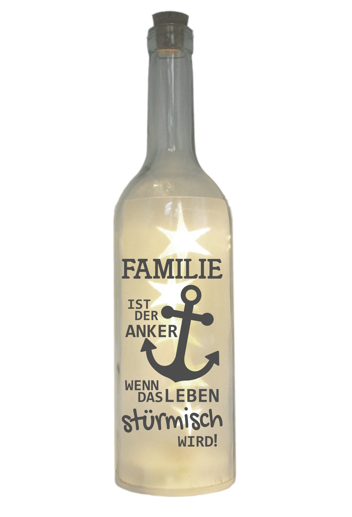 LED-Flasche mit Motiv, Familie ist der Anker, grau, 29cm, Flaschen-Licht Glitzer-Flasche Leuchtflasche Lampe mit Text Spruch