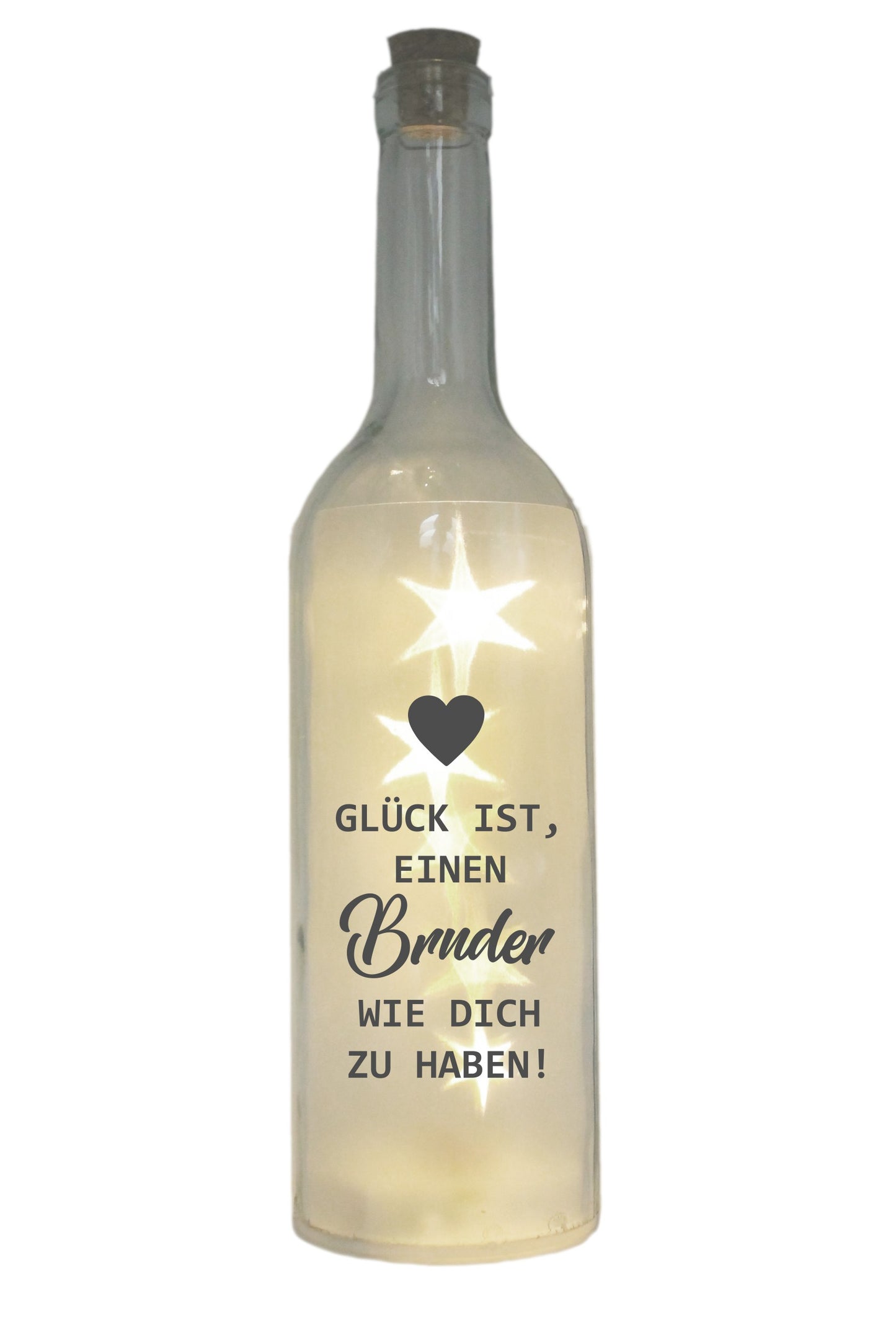 LED-Flasche mit Motiv, Glück ist einen Bruder wie dich zu haben, grau, 29cm, Flaschen-Licht Glitzer-Flasche Leuchtflasche Lampe mit Text Spruch