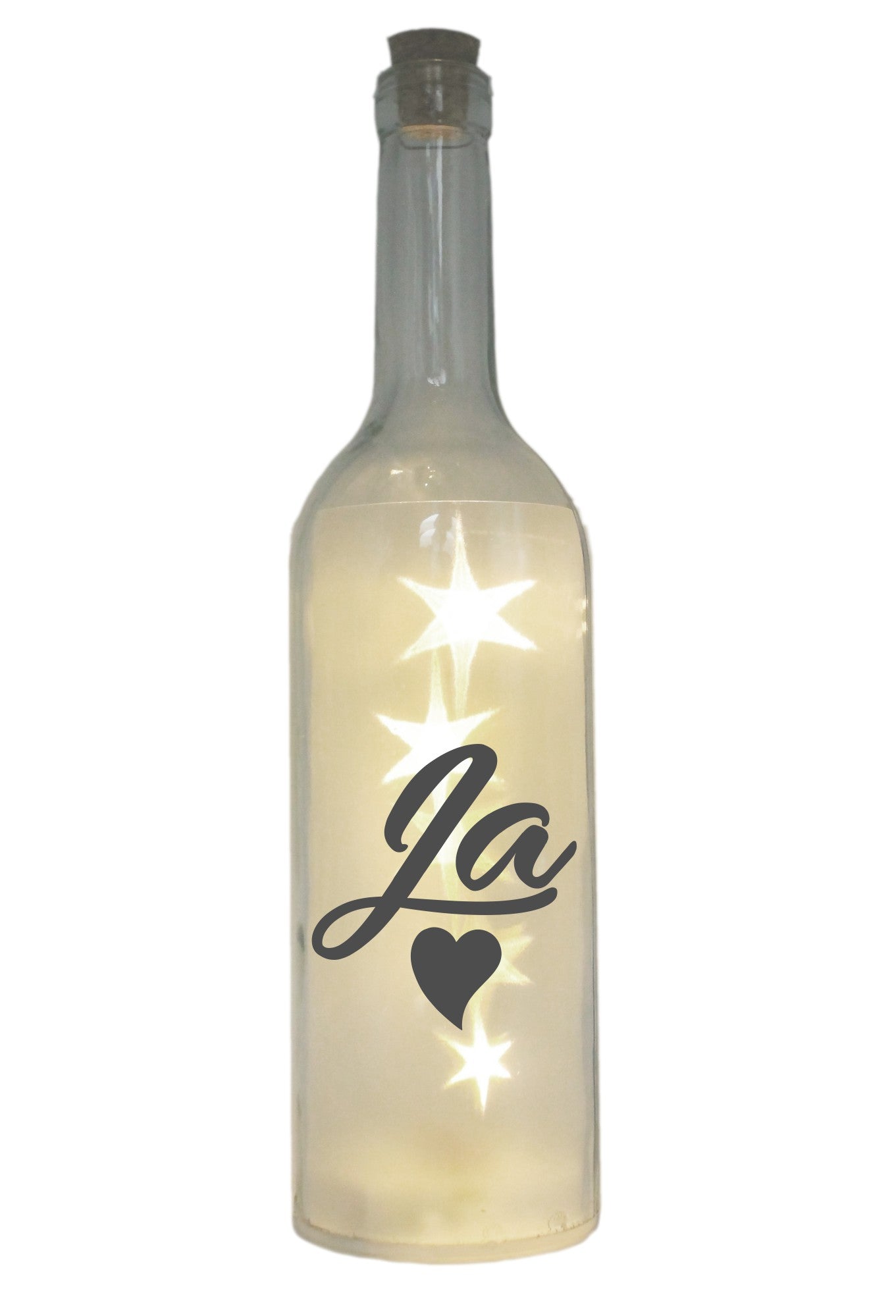 LED-Flasche mit Motiv, Ja Herz, Hochzeit, grau, 29cm, Flaschen-Licht Glitzer-Flasche Leuchtflasche Lampe mit Text Spruch