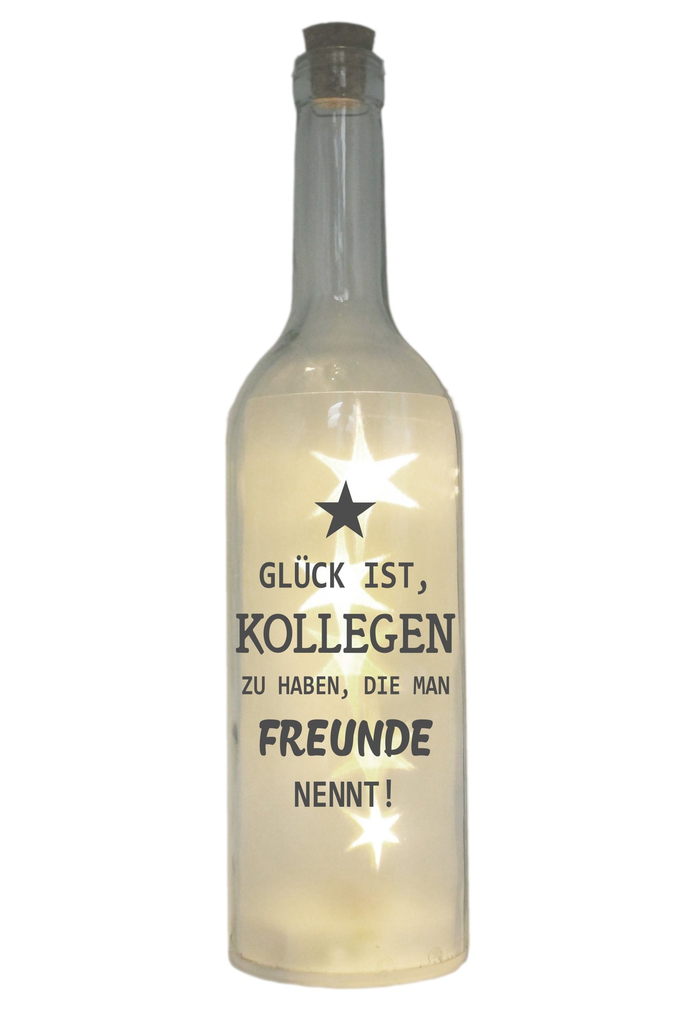 LED-Flasche mit Motiv, Kollegen die man Freunde nennt, grau, 29cm, Flaschen-Licht Glitzer-Flasche Leuchtflasche Lampe mit Text Spruch