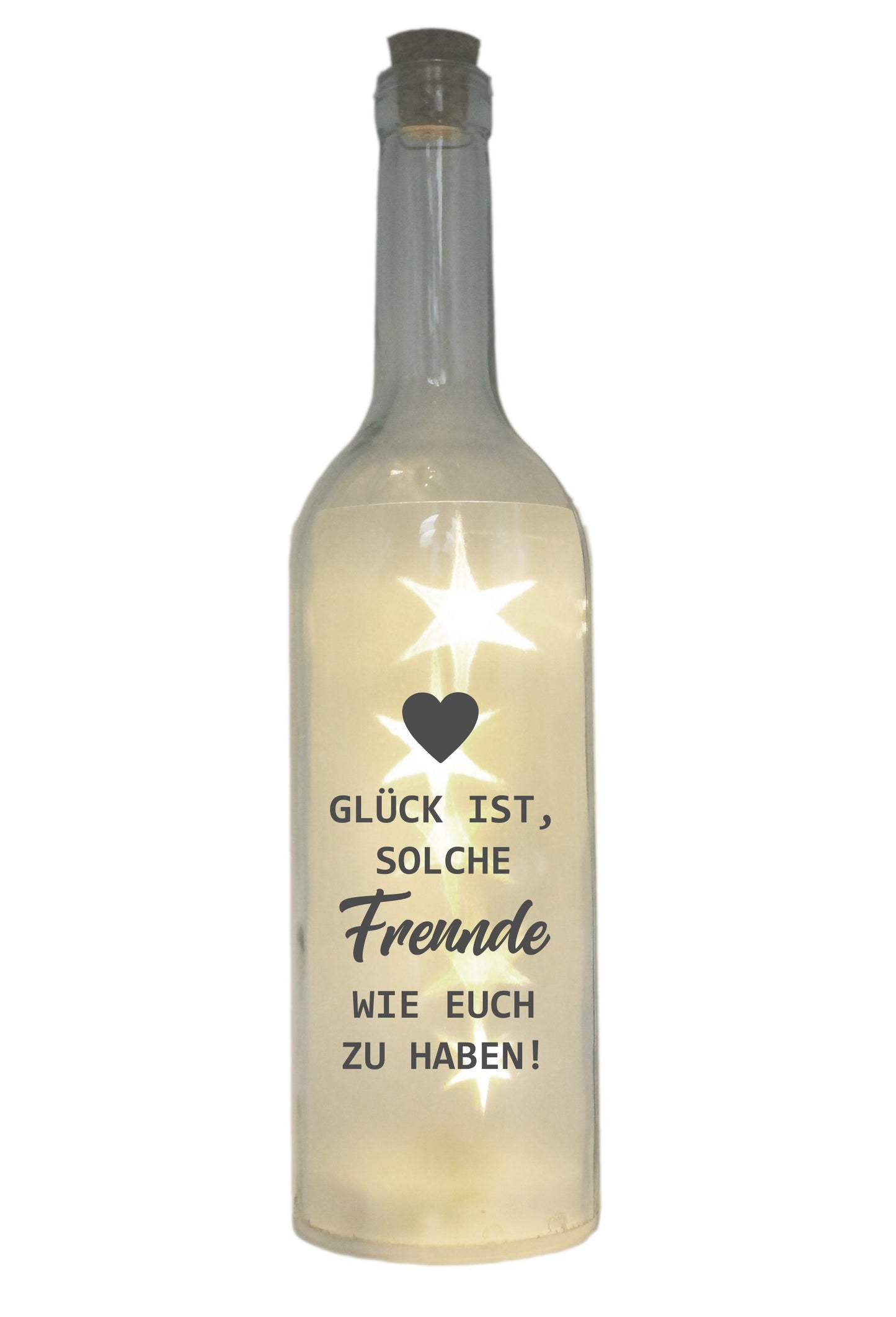 LED-Flasche mit Motiv, Glück ist solche Freunde wie euch zu haben, grau, 29cm, Flaschen-Licht Glitzer-Flasche Leuchtflasche Lampe mit Text Spruch