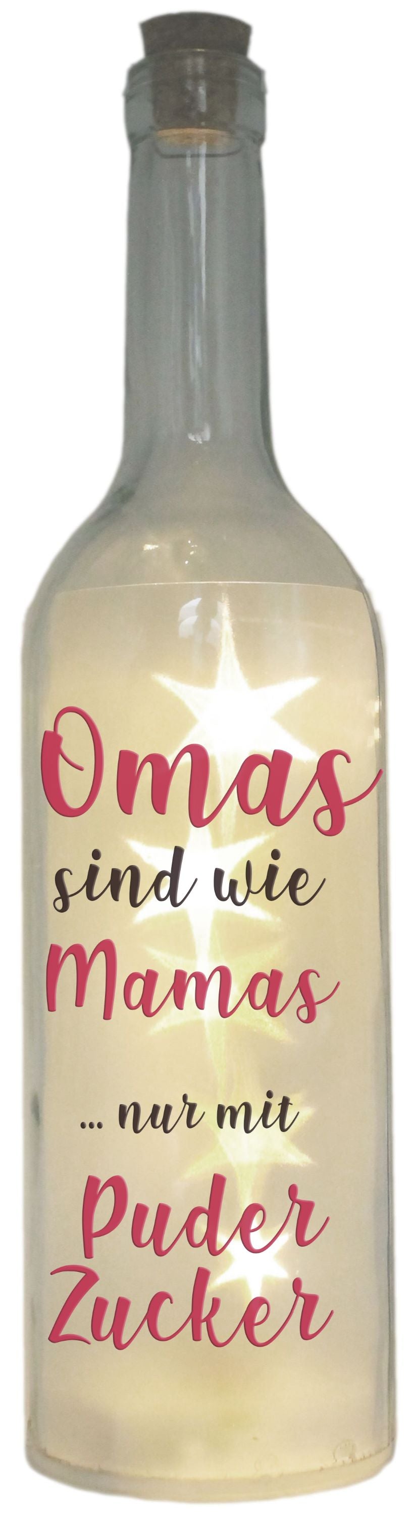 LED-Flasche Folien-Motiv, Omas sind wie Mamas nur mit Puderzucker, 29cm, Flaschen-Licht Lampe mit Text Spruch